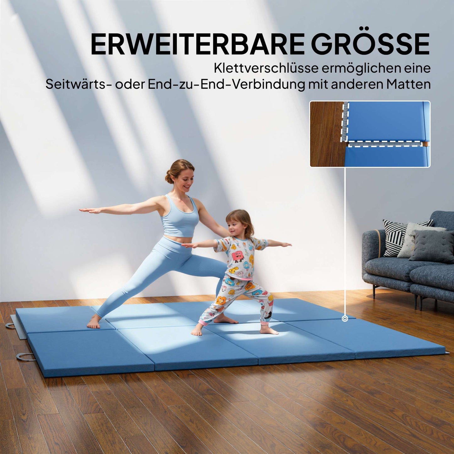 Foldable Fitness Mat with Handles, 240x120x5 cm, Light Blue