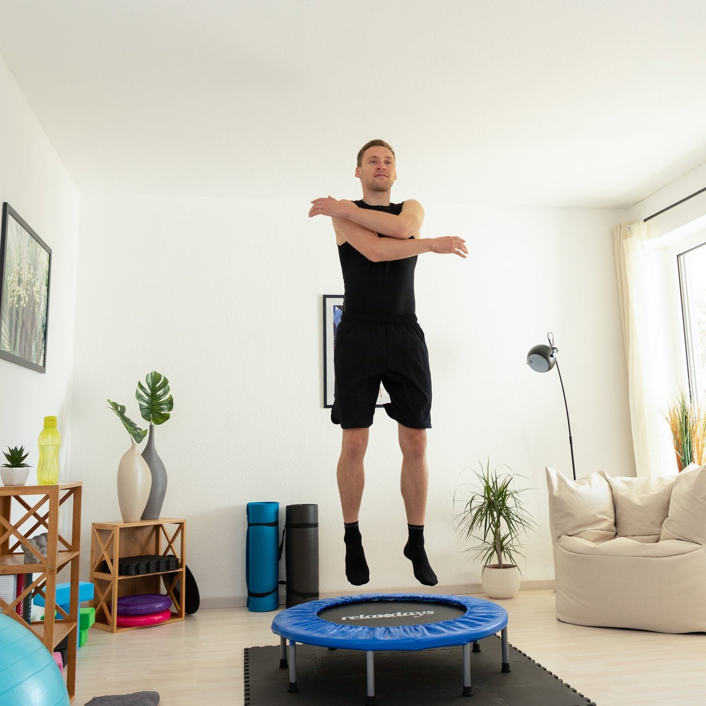 Foldable Fitness Trampoline, Blue-Black, Indoor Exercise Trampoline Rebounder