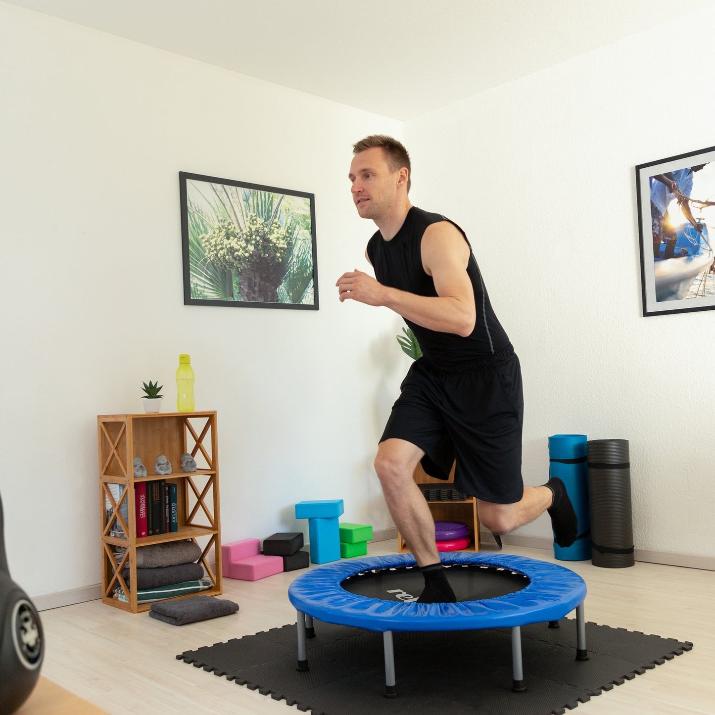 Foldable Fitness Trampoline, Blue-Black, Indoor Exercise Trampoline Rebounder