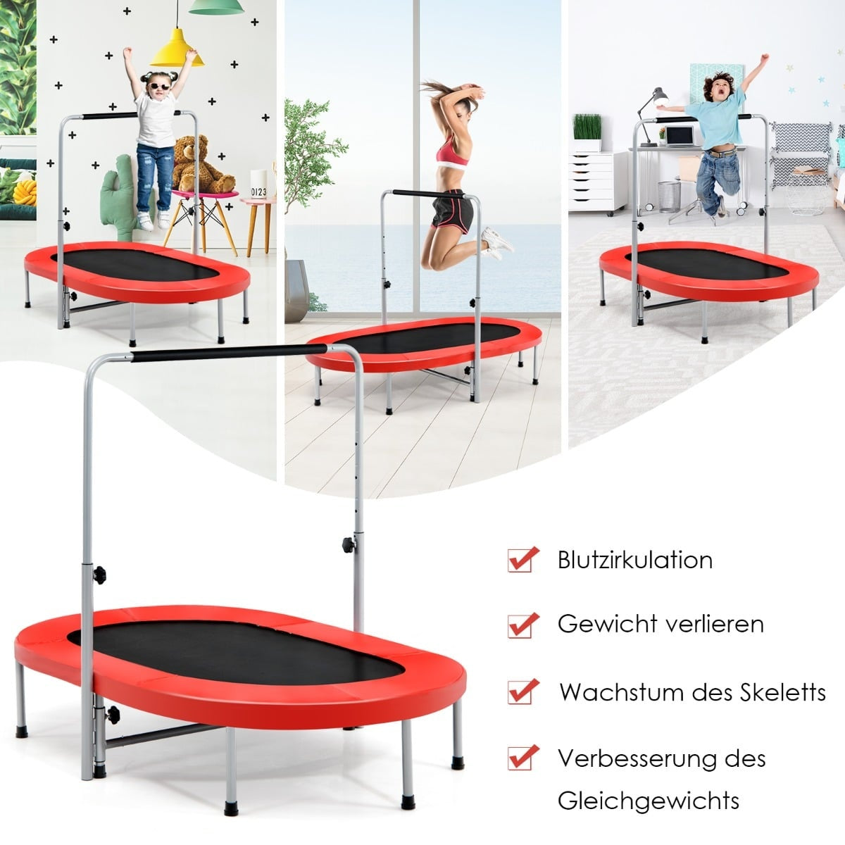 Foldable Fitness Trampoline with Adjustable Handle, Red, 150kg Capacity
