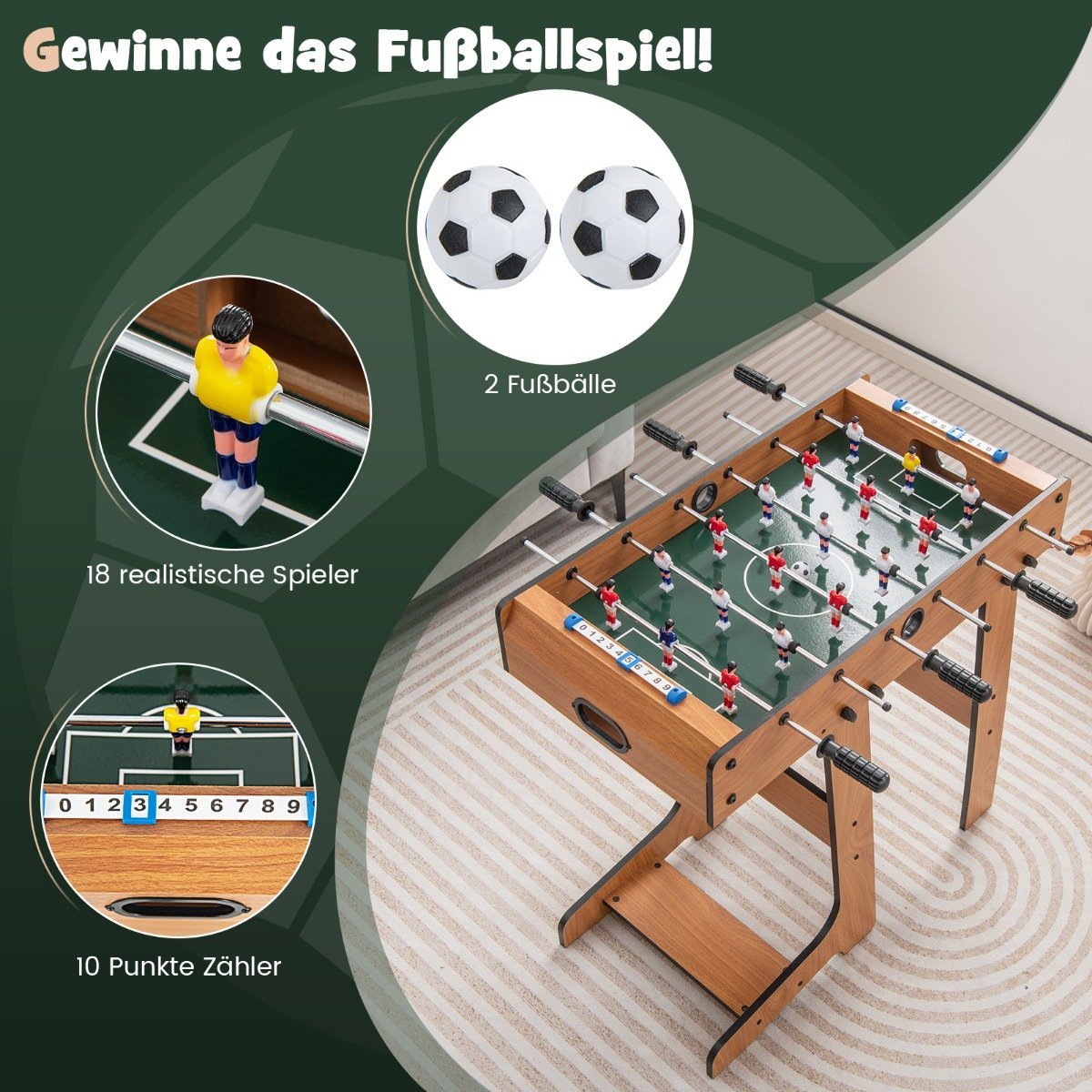 Foldable Foosball Table with Ergonomic Handle, 33x36x109 cm