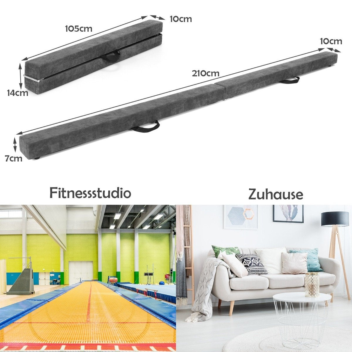 Foldable Gymnastics Balance Beam, 210cm, Suede-Like Surface