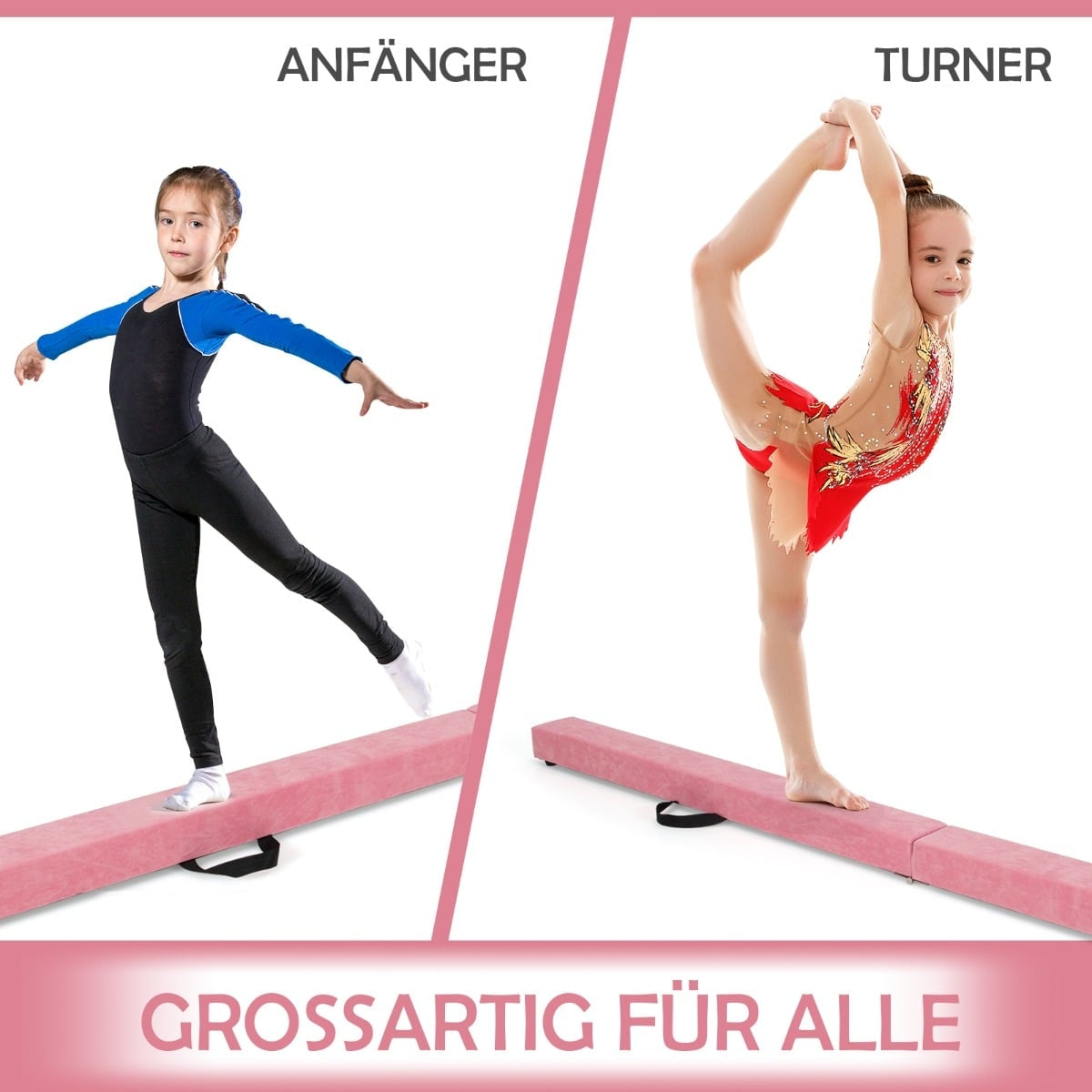 Foldable Gymnastics Balance Beam, 210cm, Suede-Look, Pink