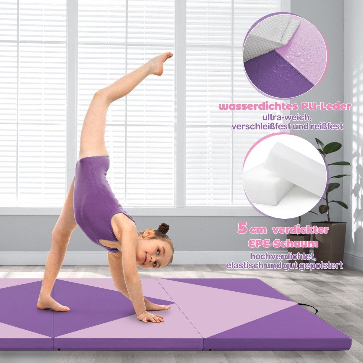 Foldable Gymnastics Mat, Portable, 240x117x5 cm, Purple