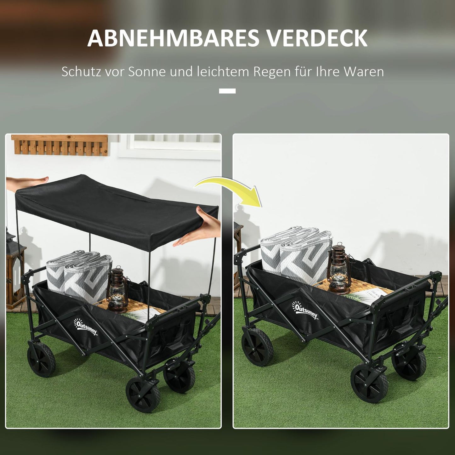 Collapsible handcart with sun protection, 110 kg load, black