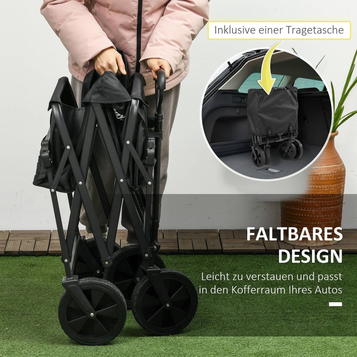 Collapsible handcart with sun protection, 110 kg load, black