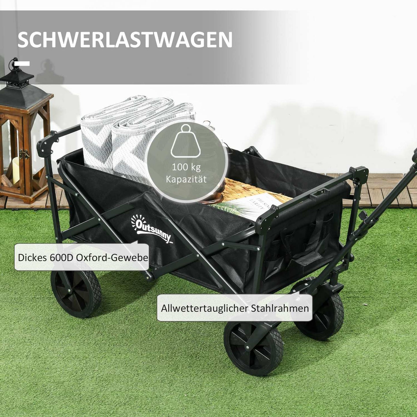 Collapsible handcart with sun protection, 110 kg load, black