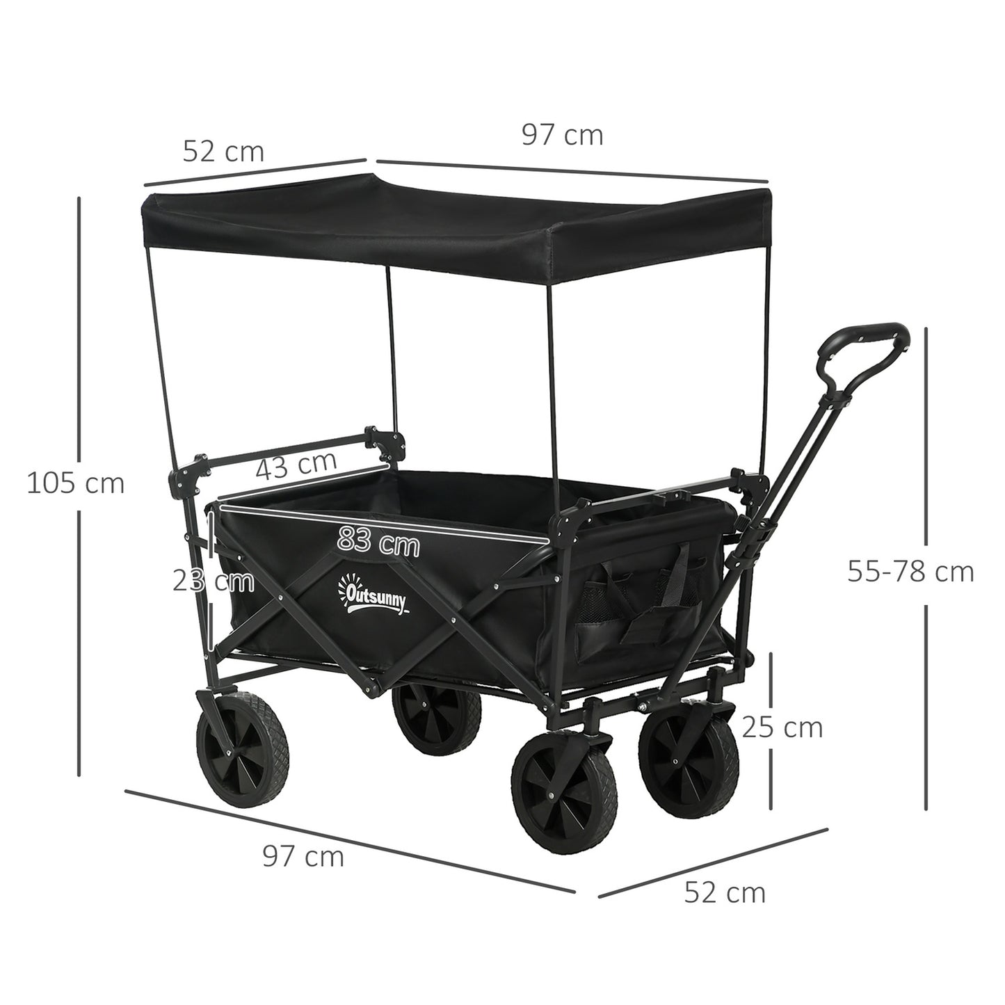 Collapsible handcart with sun protection, 110 kg load, black