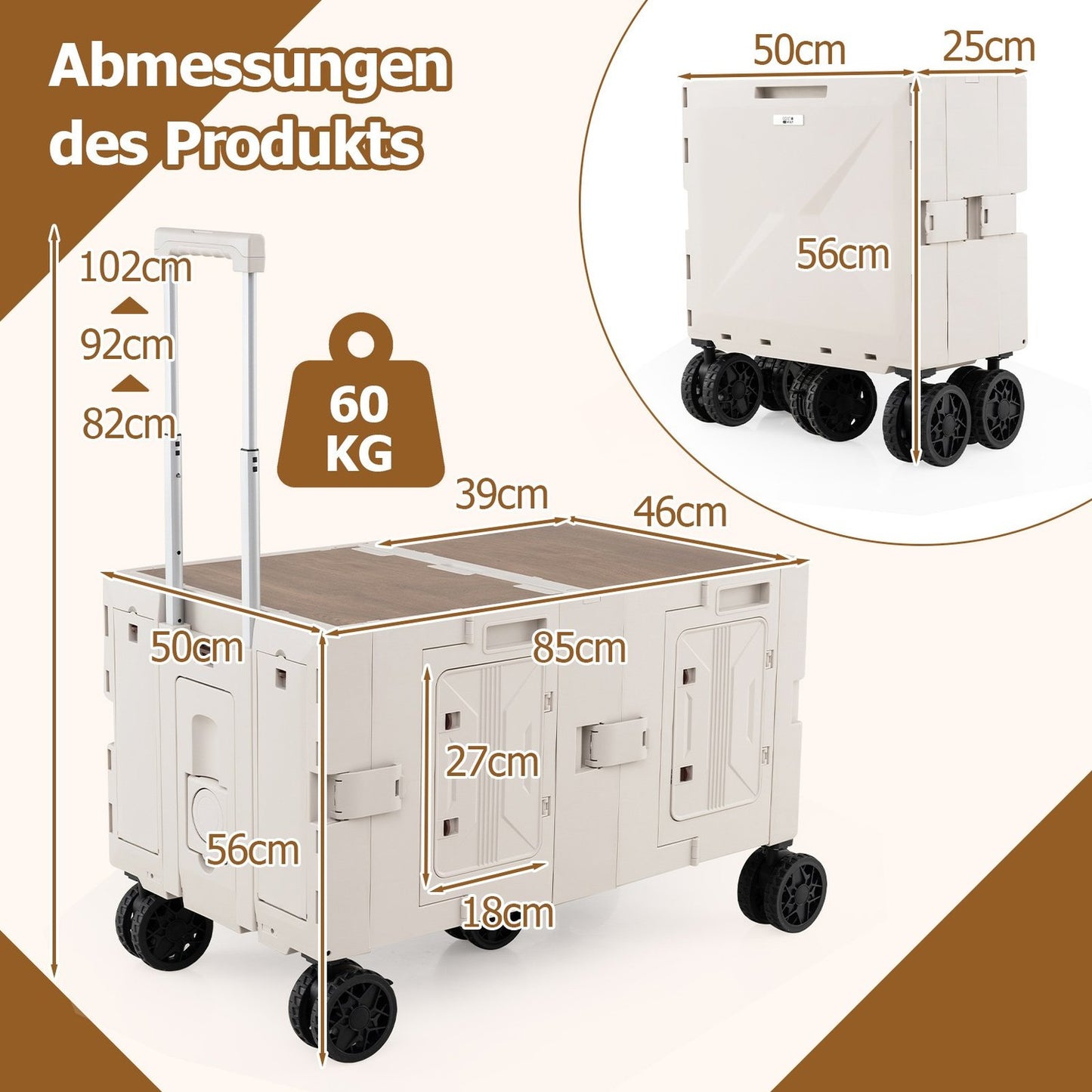 Foldable Handcart with Tabletop, 2 Storage Boxes, Adjustable Handle