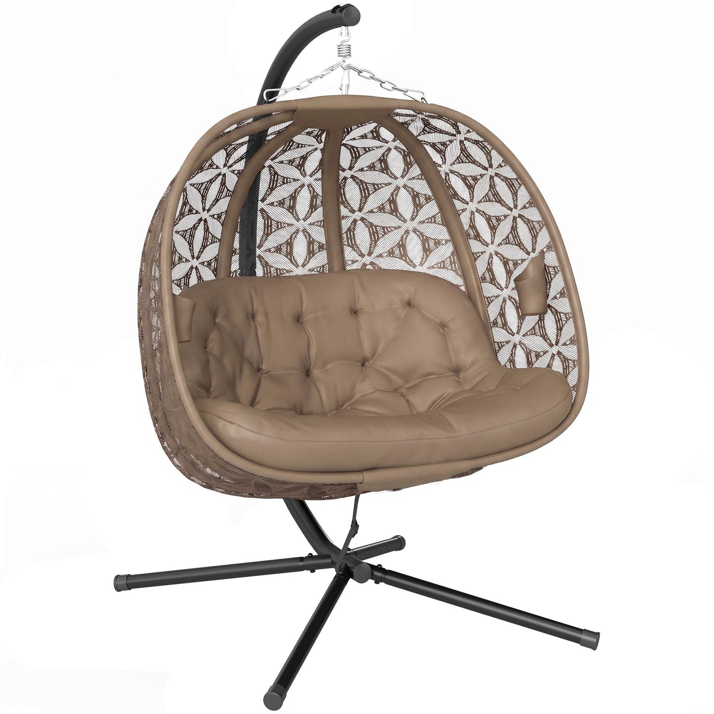 Foldable Hanging Chair with Stand for 2, Cushions & Cup Holders
