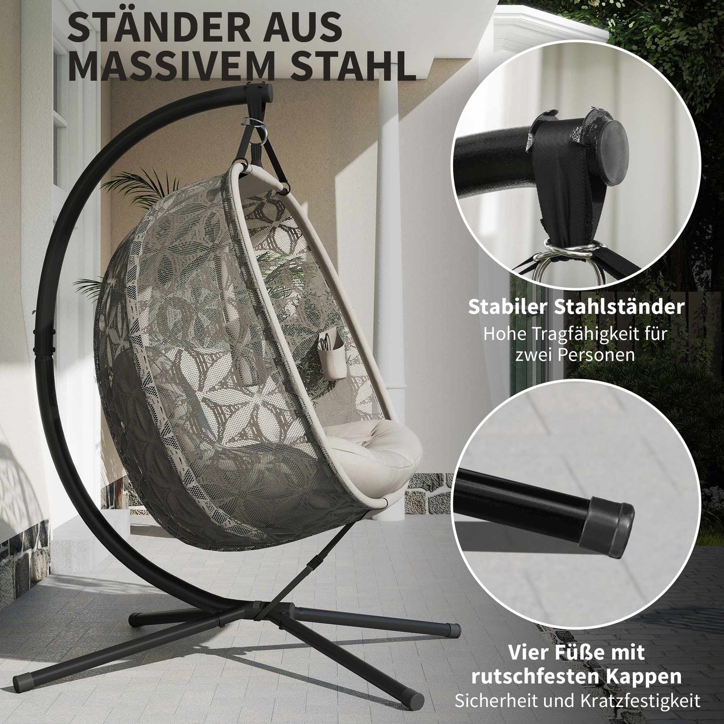 Foldable Hanging Chair with Stand for 2, Cushions & Cup Holders