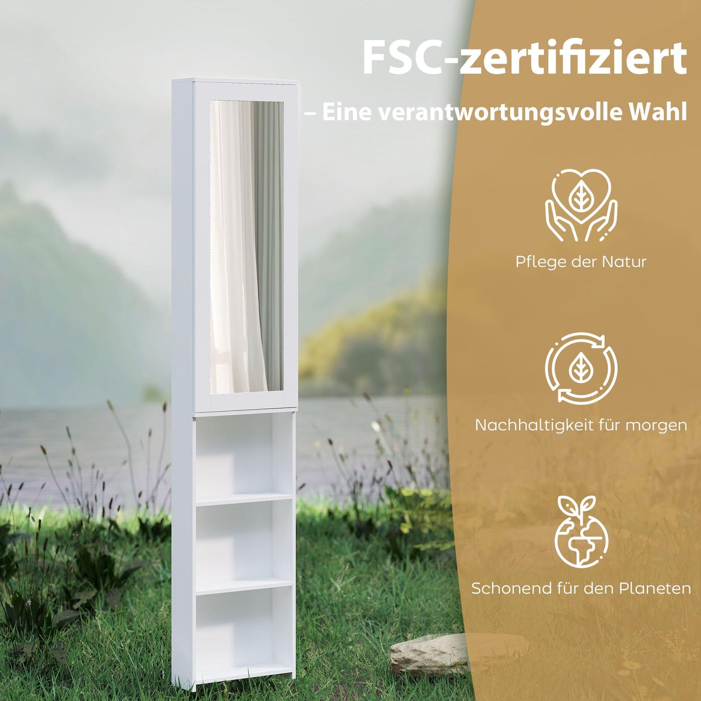 Foldable Ironing Board Cabinet with Mirror and Shelves, White