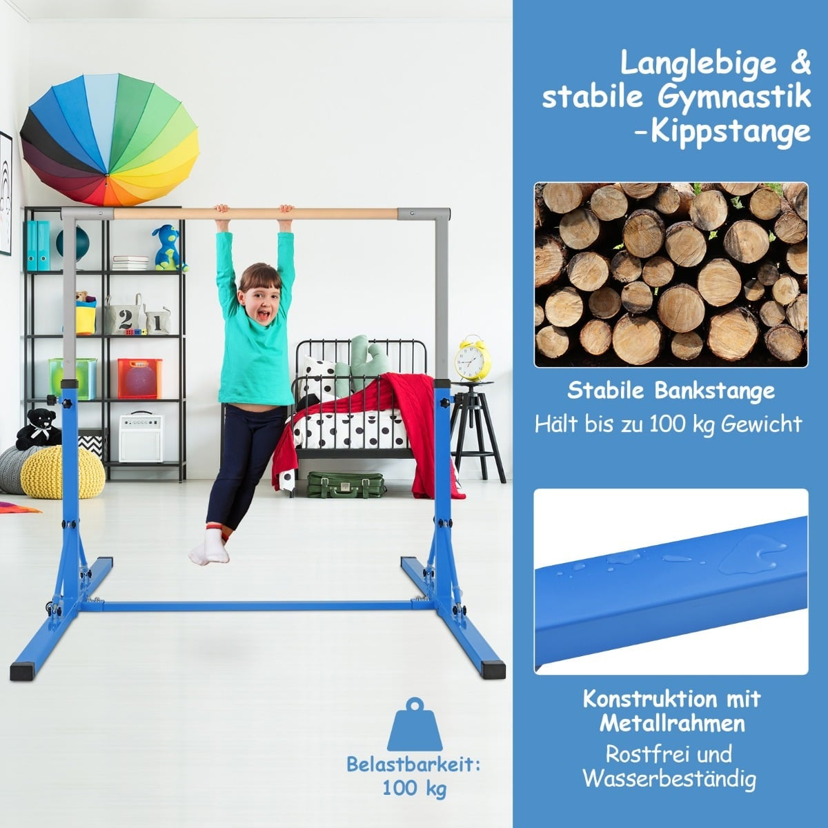 Foldable Kids Gymnastics Bar, Adjustable Height, Blue