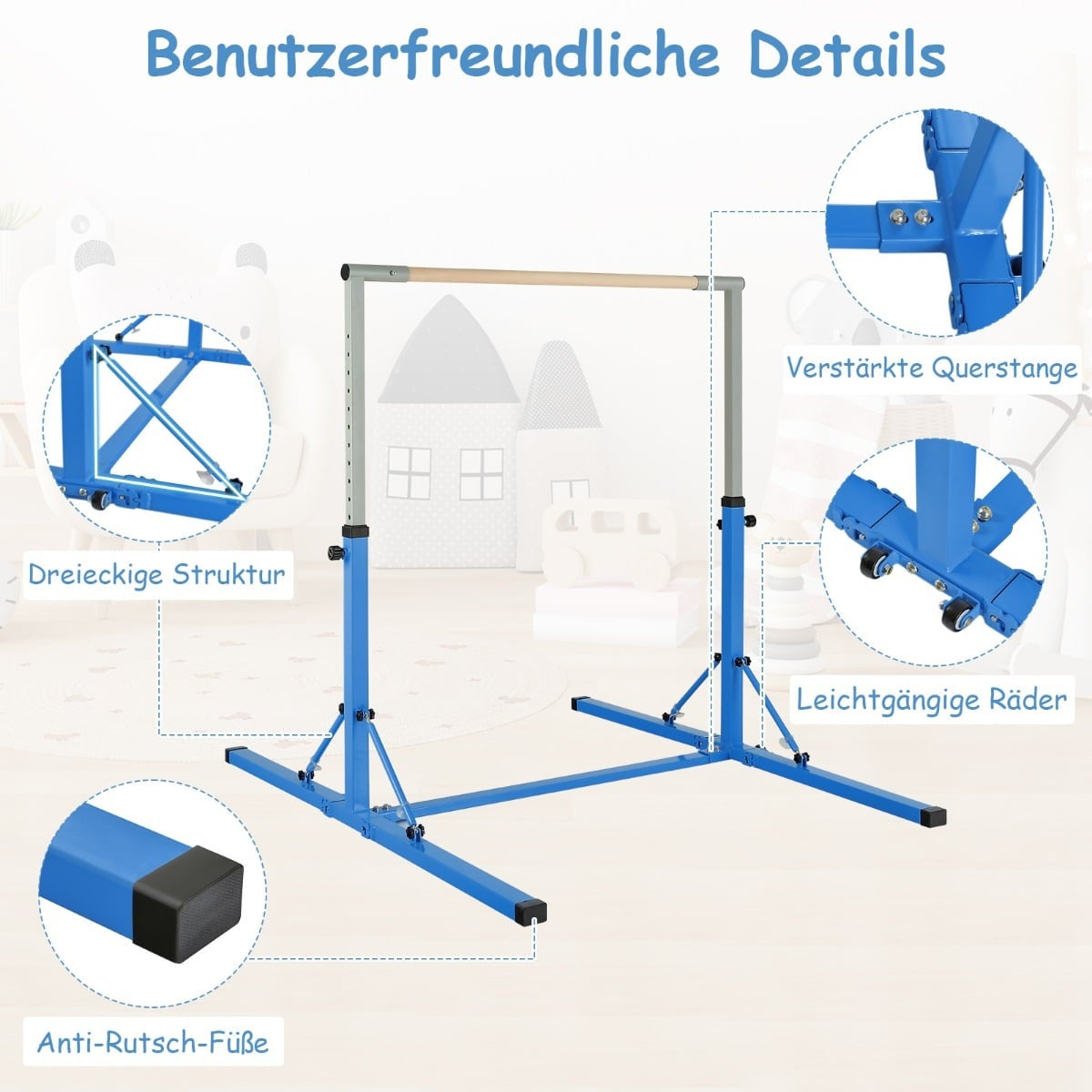 Foldable Kids Gymnastics Bar, Adjustable Height, Blue