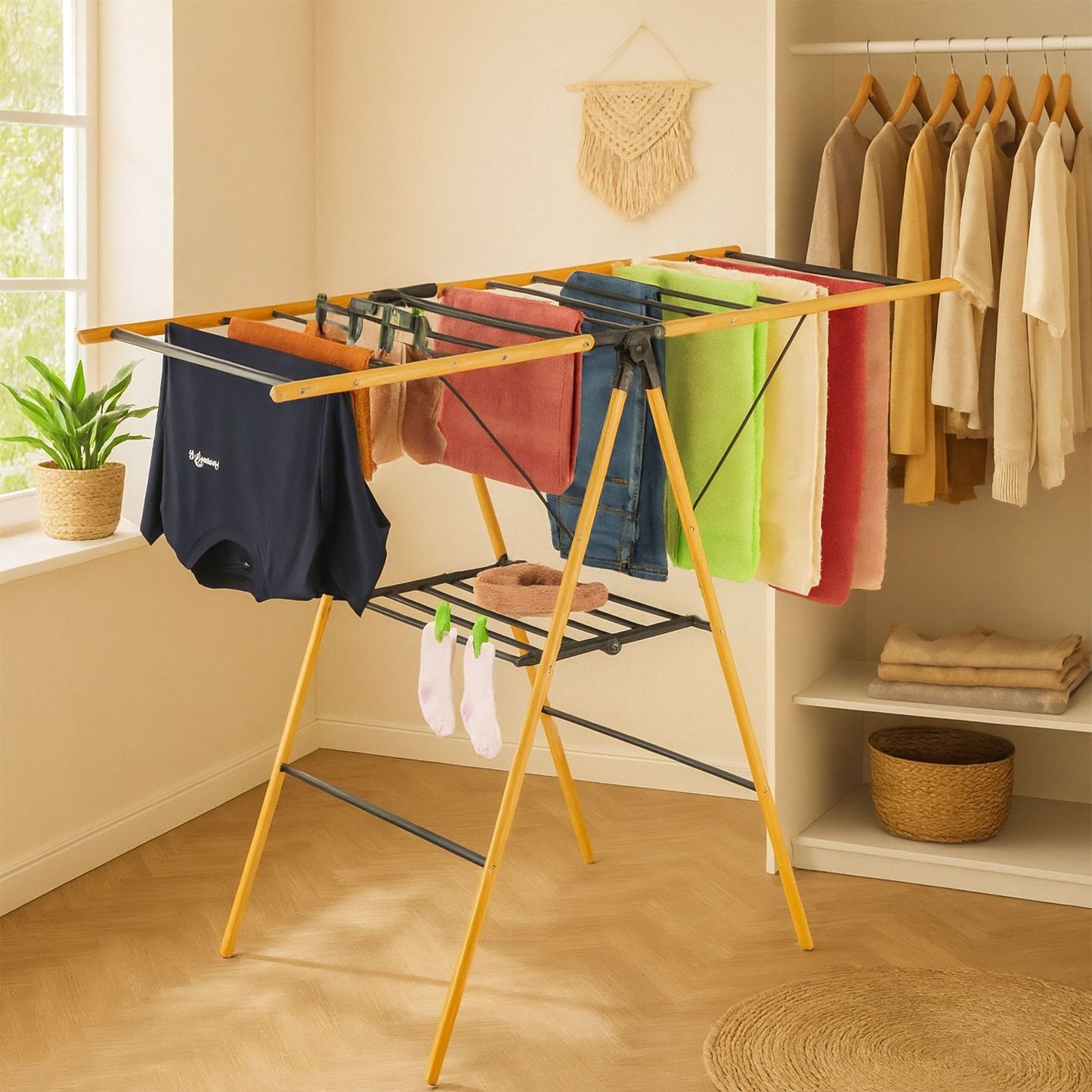 Foldable Laundry Rack – Bamboo & Metal, Winged Design