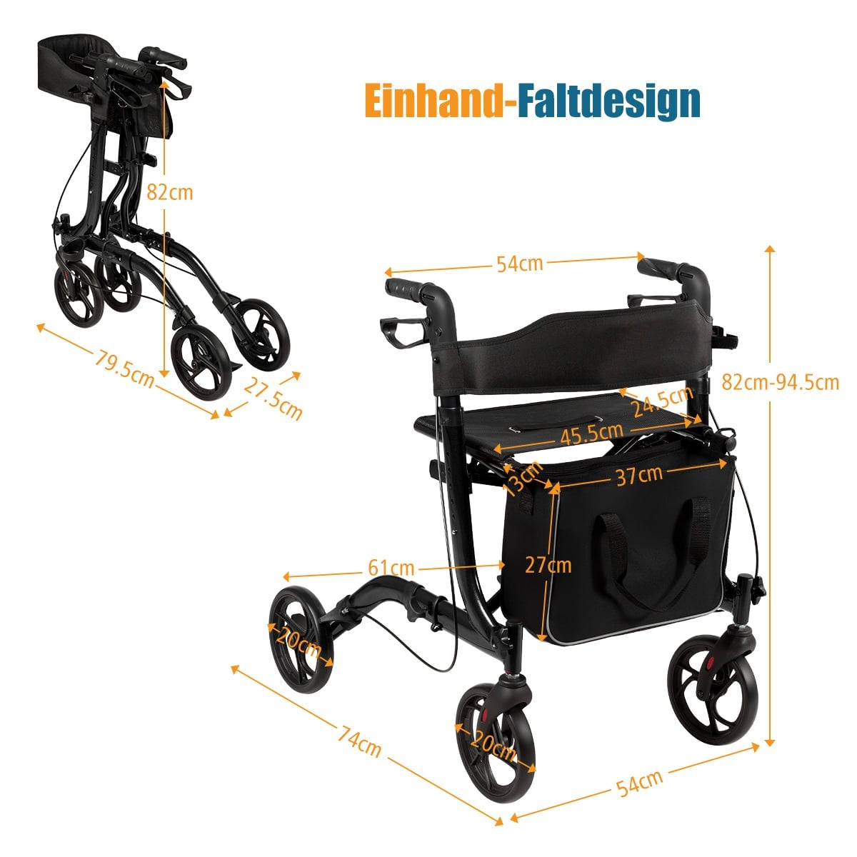 Foldable Lightweight Aluminium Rollator, Adjustable Height