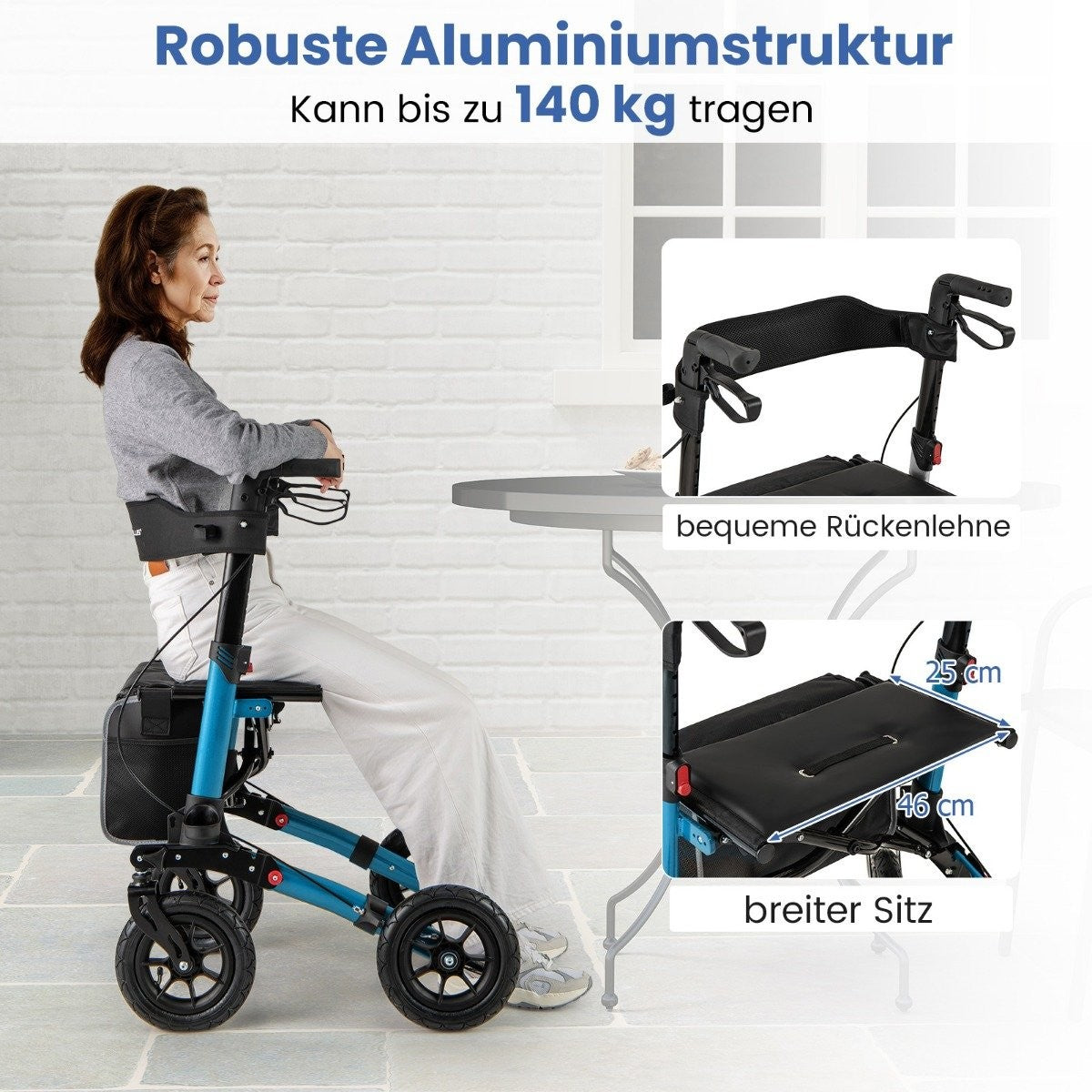 Foldable Lightweight Rollator with Air Tires, Aluminum, 140 kg Capacity