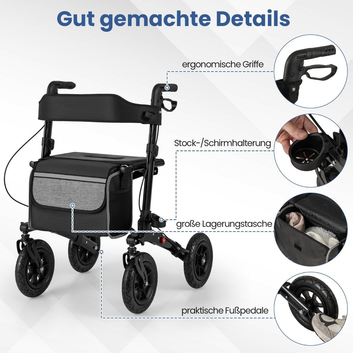 Foldable Lightweight Rollator with Air Tires, Aluminum, 140 kg Capacity