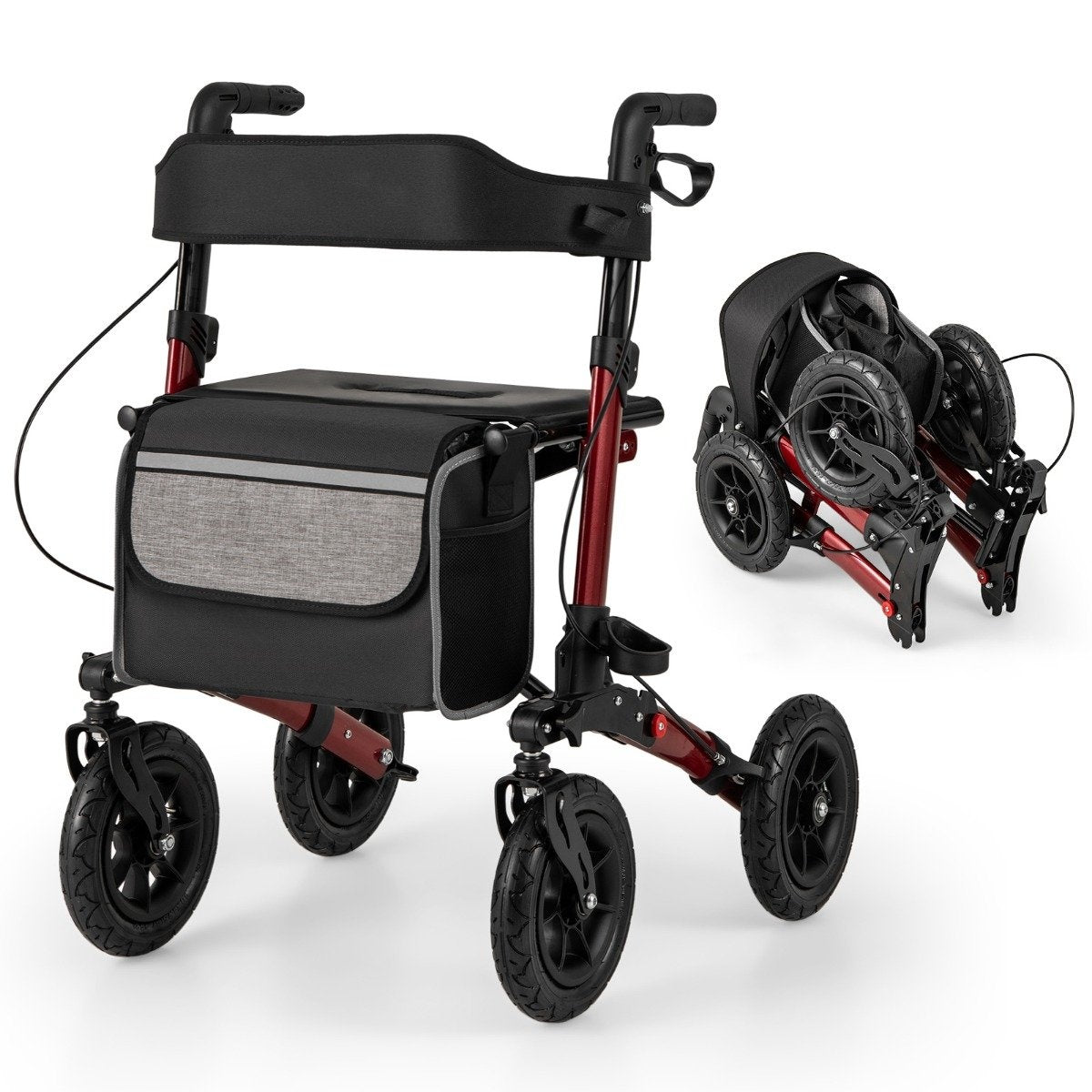 Foldable Lightweight Rollator with Air Tires, Red, 140kg Capacity