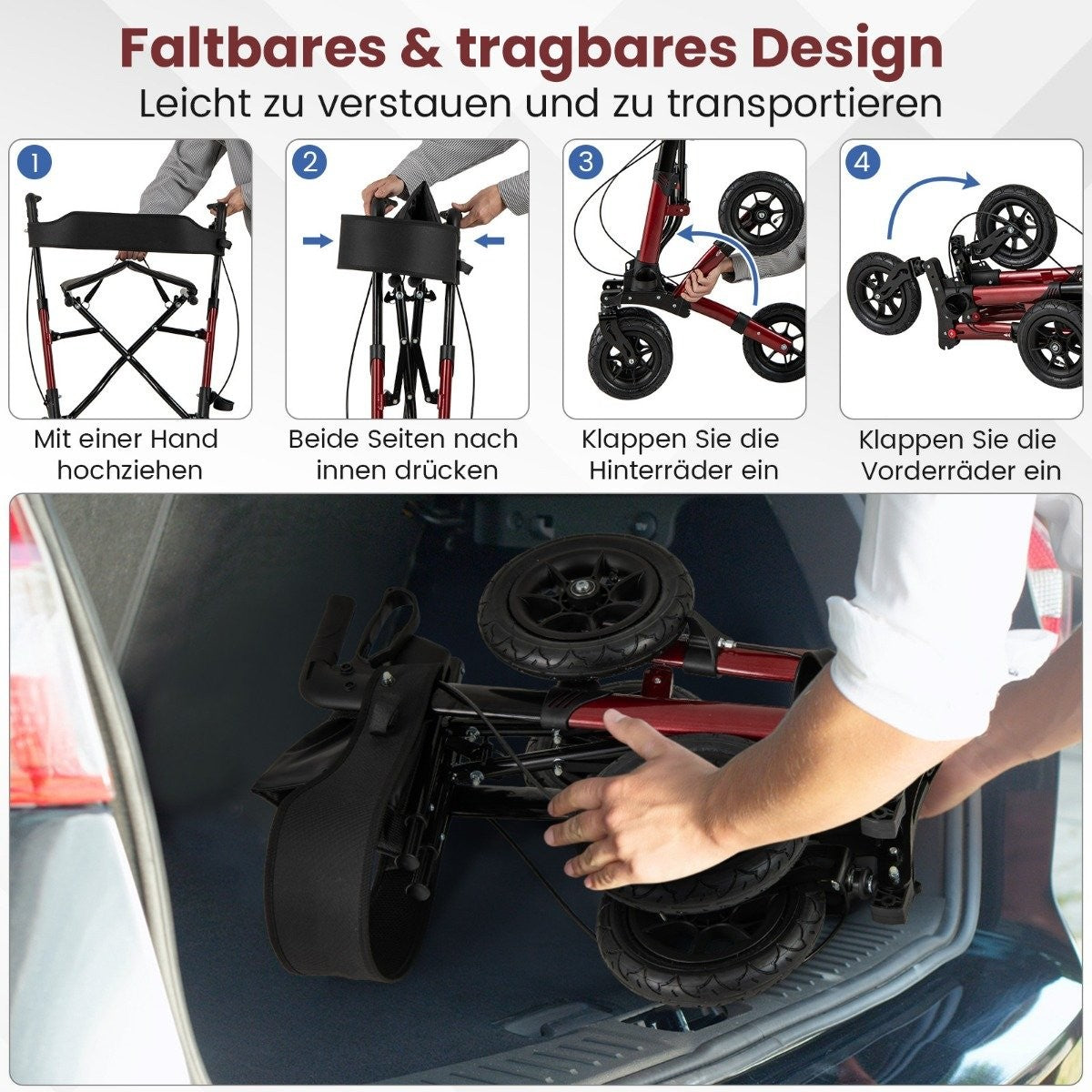 Foldable Lightweight Rollator with Air Tires, Red, 140kg Capacity