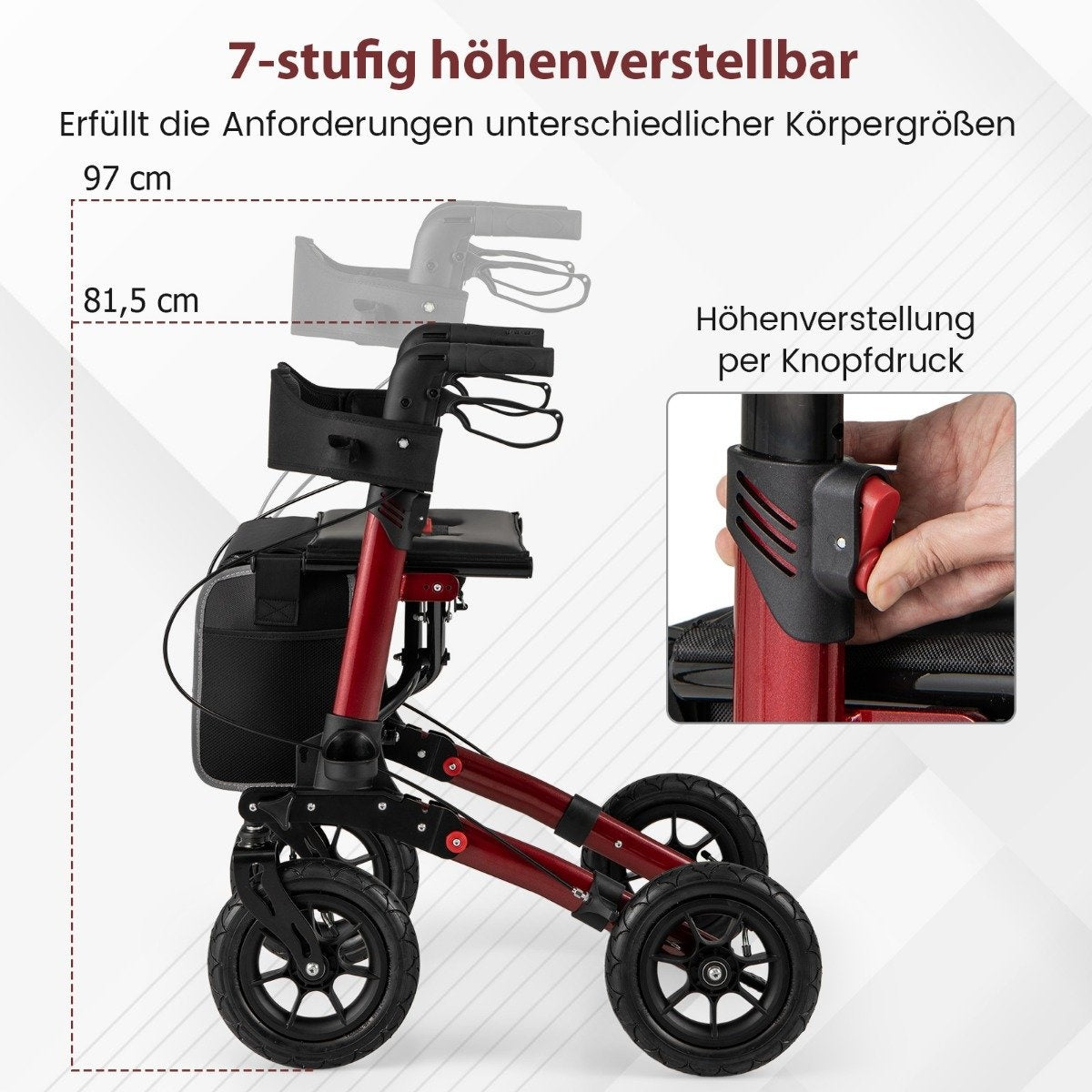 Foldable Lightweight Rollator with Air Tires, Red, 140kg Capacity