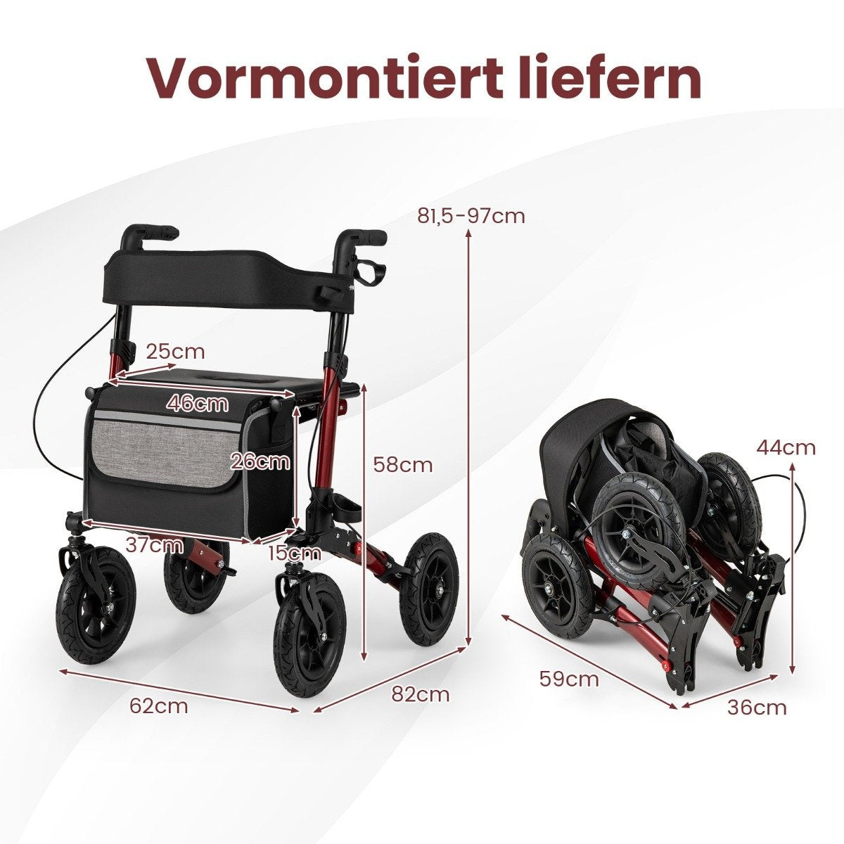 Foldable Lightweight Rollator with Air Tires, Red, 140kg Capacity