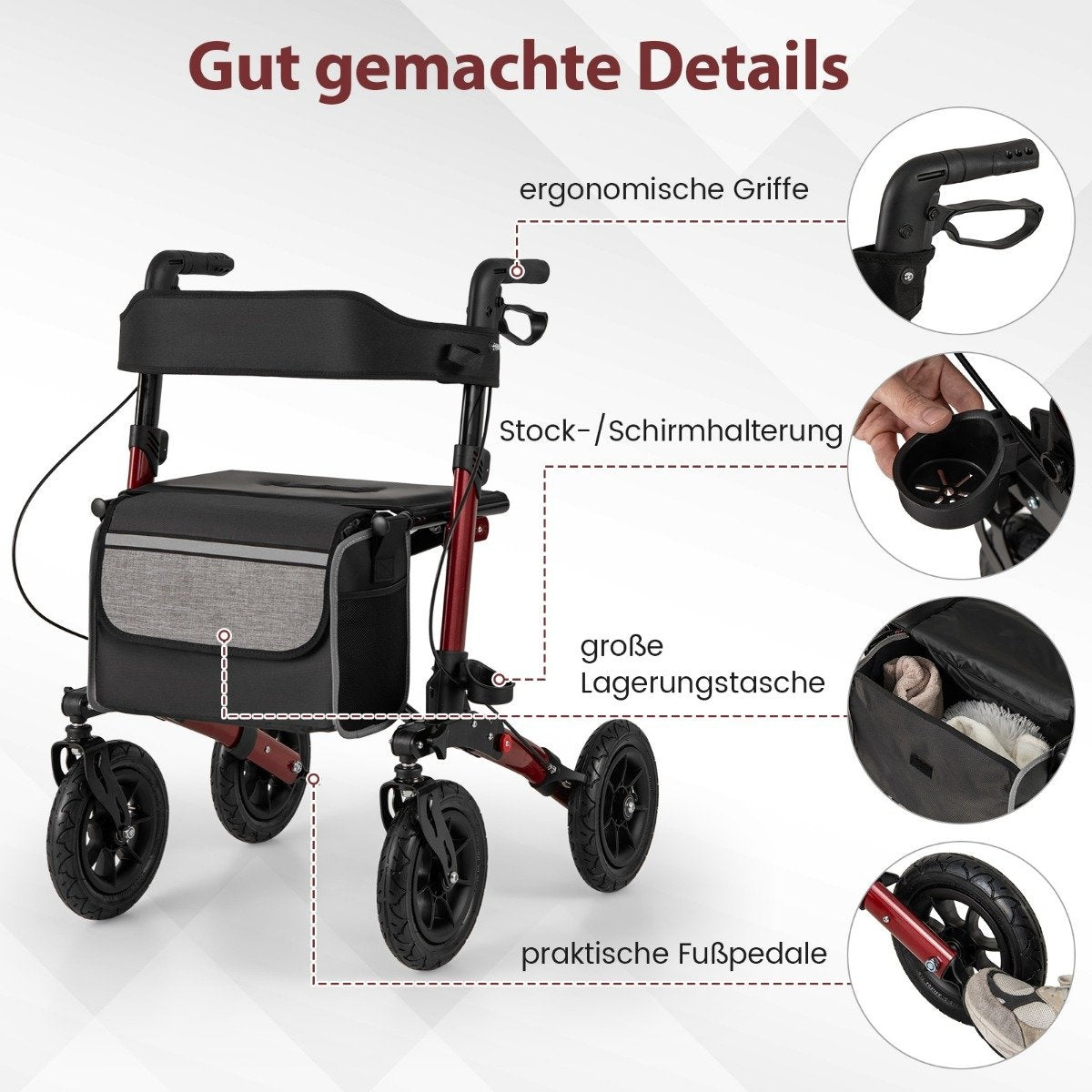 Foldable Lightweight Rollator with Air Tires, Red, 140kg Capacity