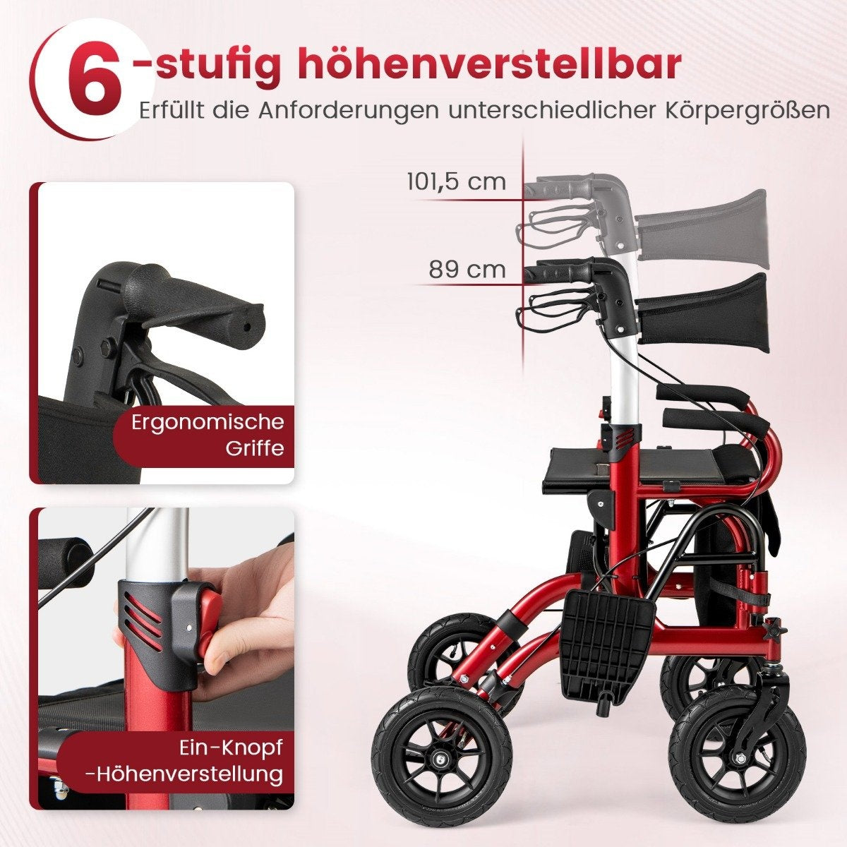 Foldable Lightweight Rollator with Pneumatic Tires & Seat