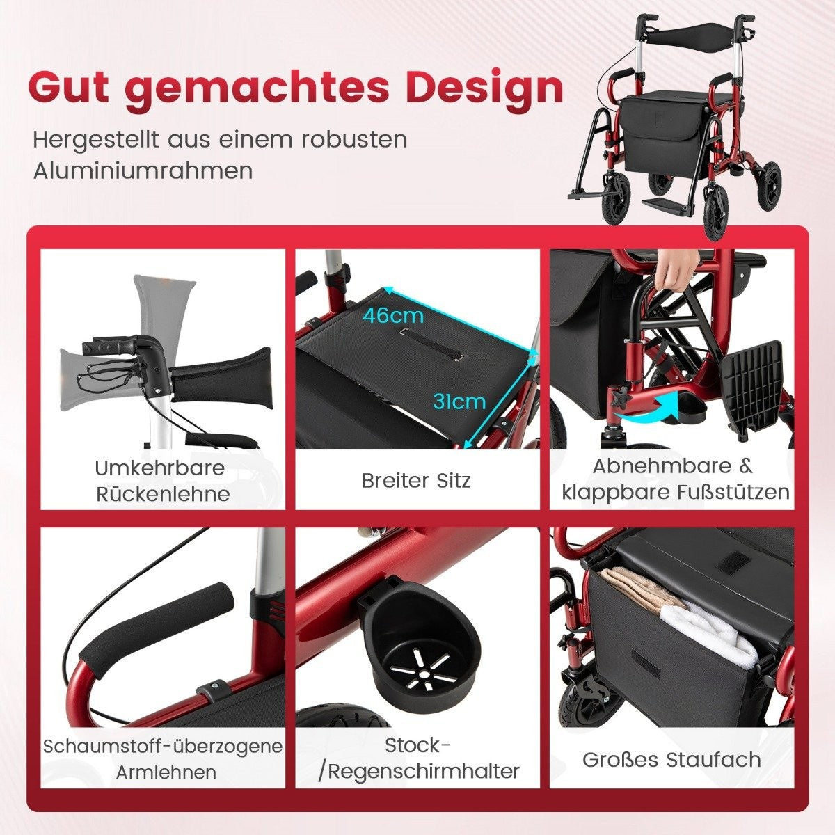Foldable Lightweight Rollator with Pneumatic Tires & Seat