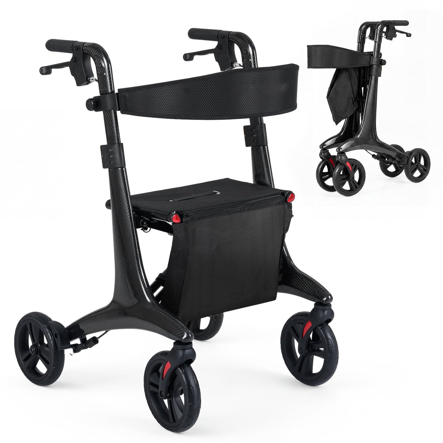 Foldable Lightweight Rollator with Seat, Carbon Fiber, Black