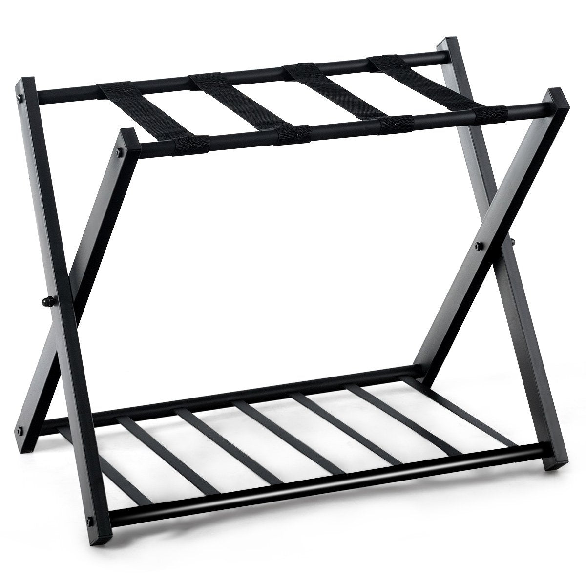 Foldable Luggage Rack with Metal Shelves, Black