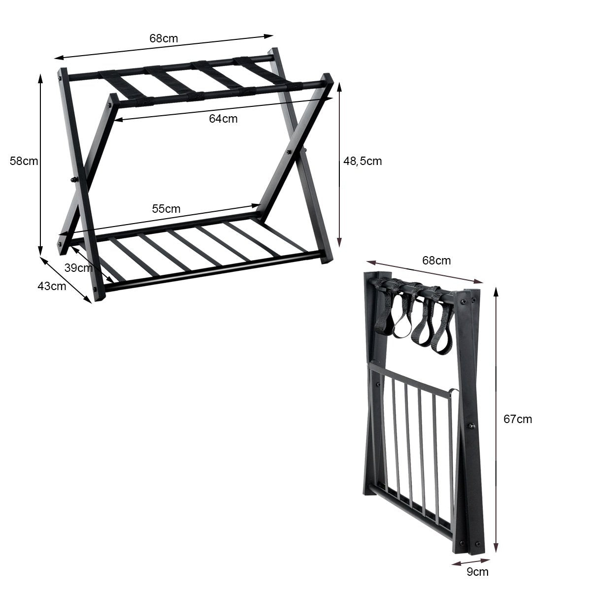 Foldable Luggage Rack with Metal Shelves, Black