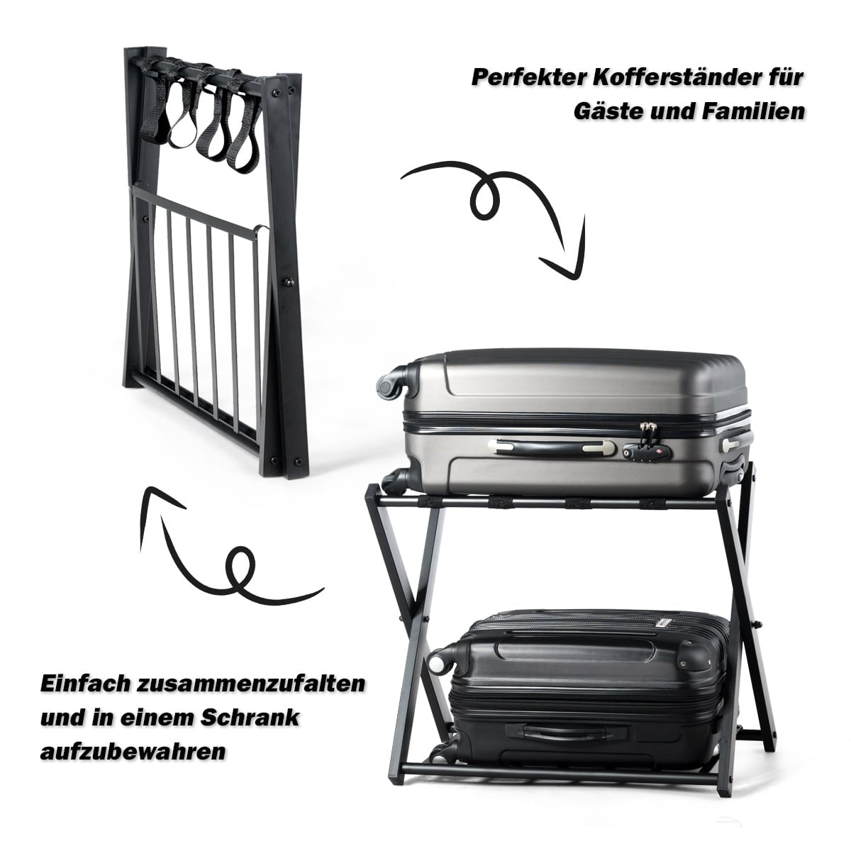 Foldable Metal Luggage Rack with Shelf, Black, 60kg Capacity