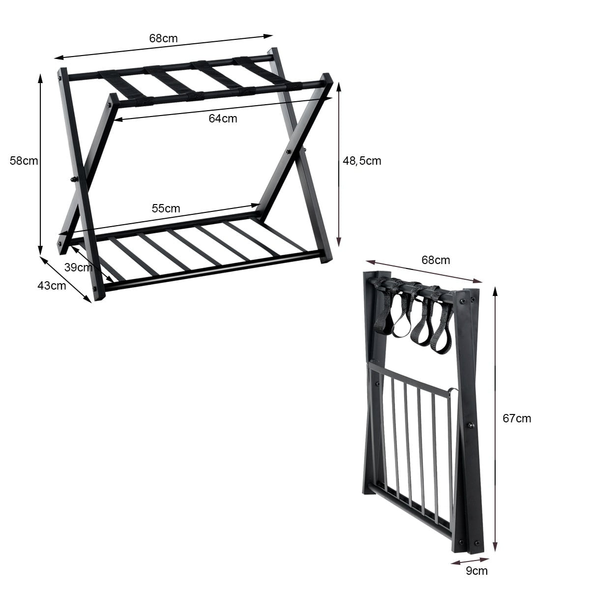 Foldable Metal Luggage Rack with Shelf, Black, 60kg Capacity