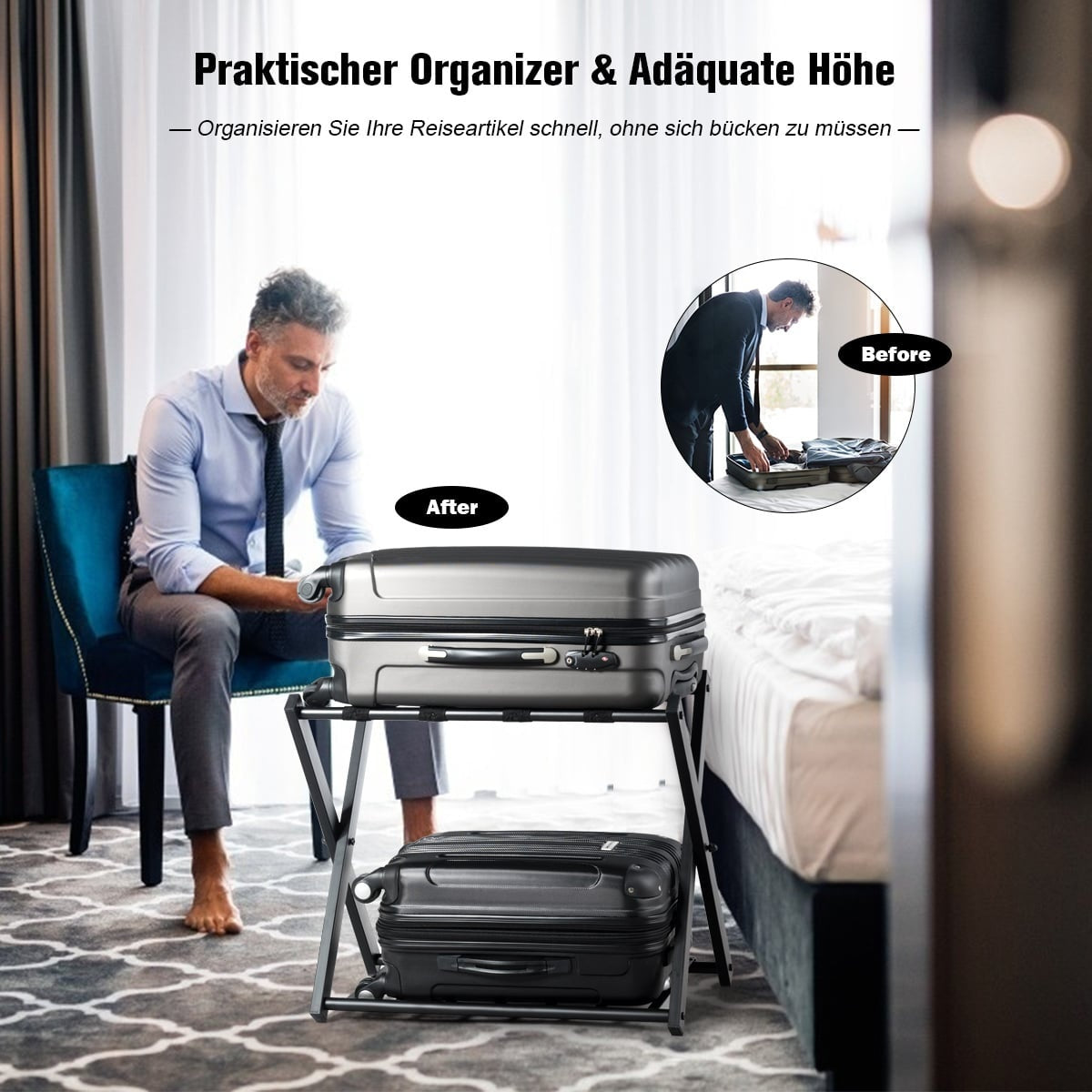 Foldable Metal Luggage Rack with Shelf, Black, 60kg Capacity