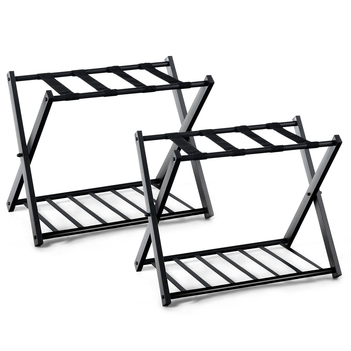 Foldable Metal Luggage Rack with Shelf, Black, 60kg Capacity