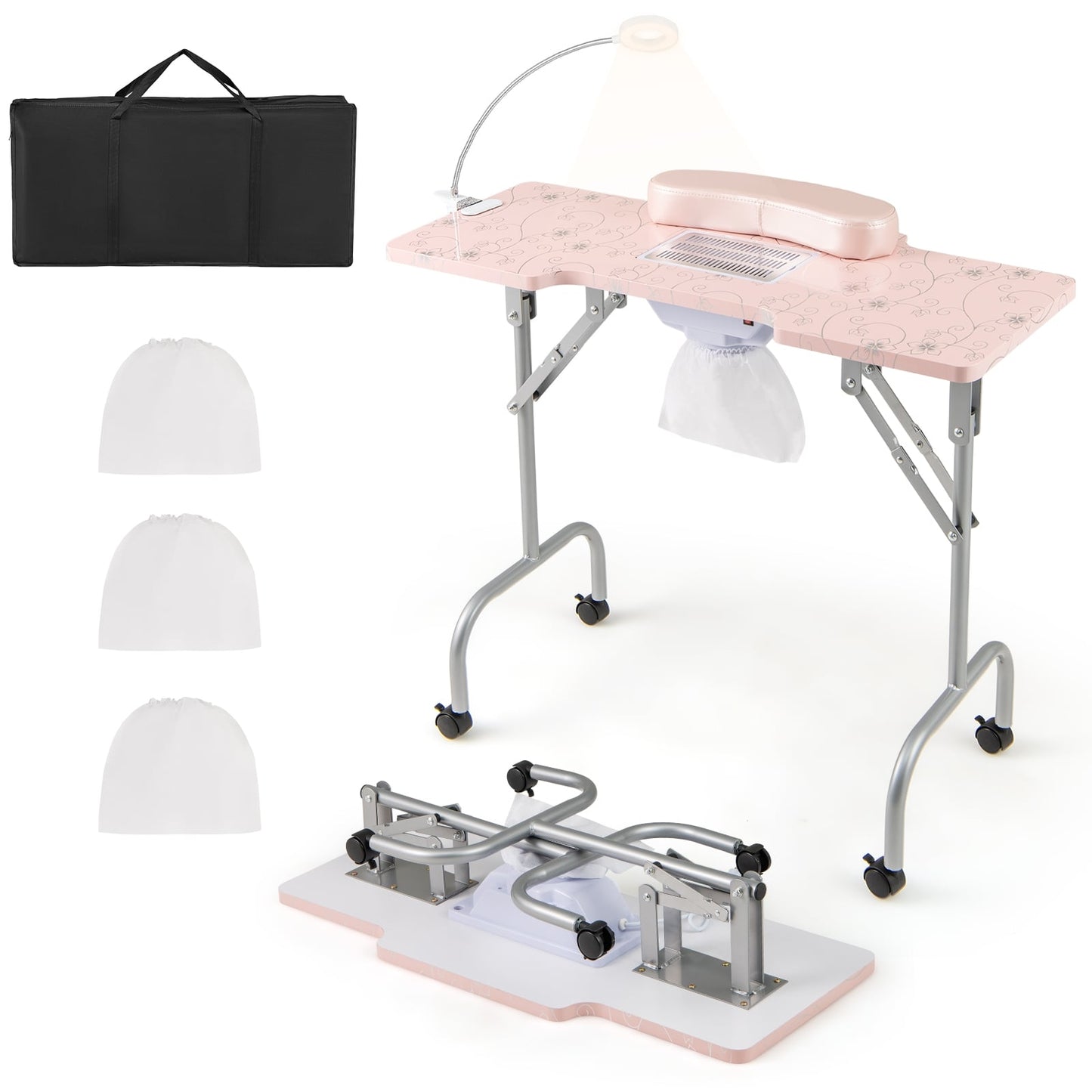 Foldable Nail Table with Electric Dust Collector, Pink