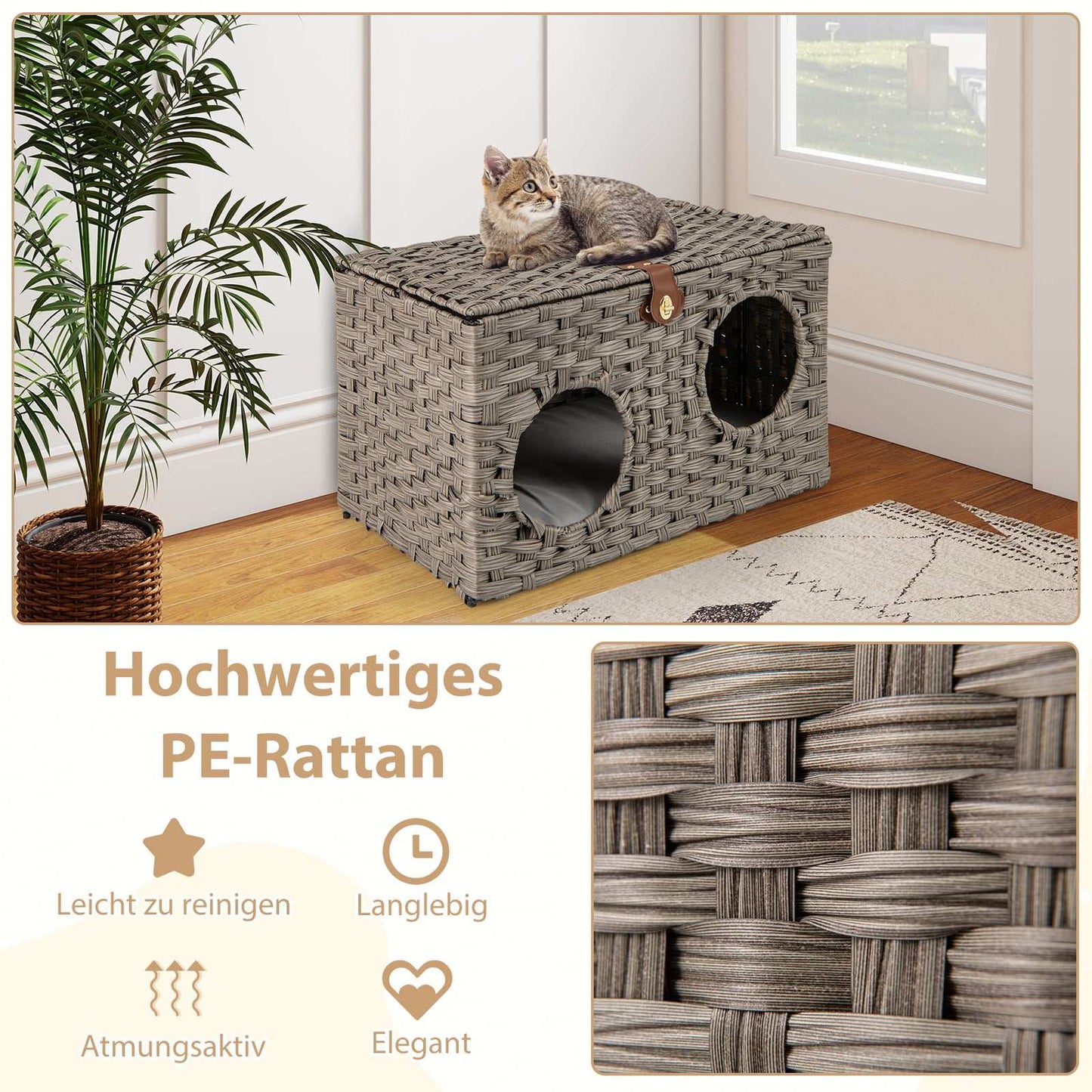 Foldable PE Rattan Cat House with Removable Cushion