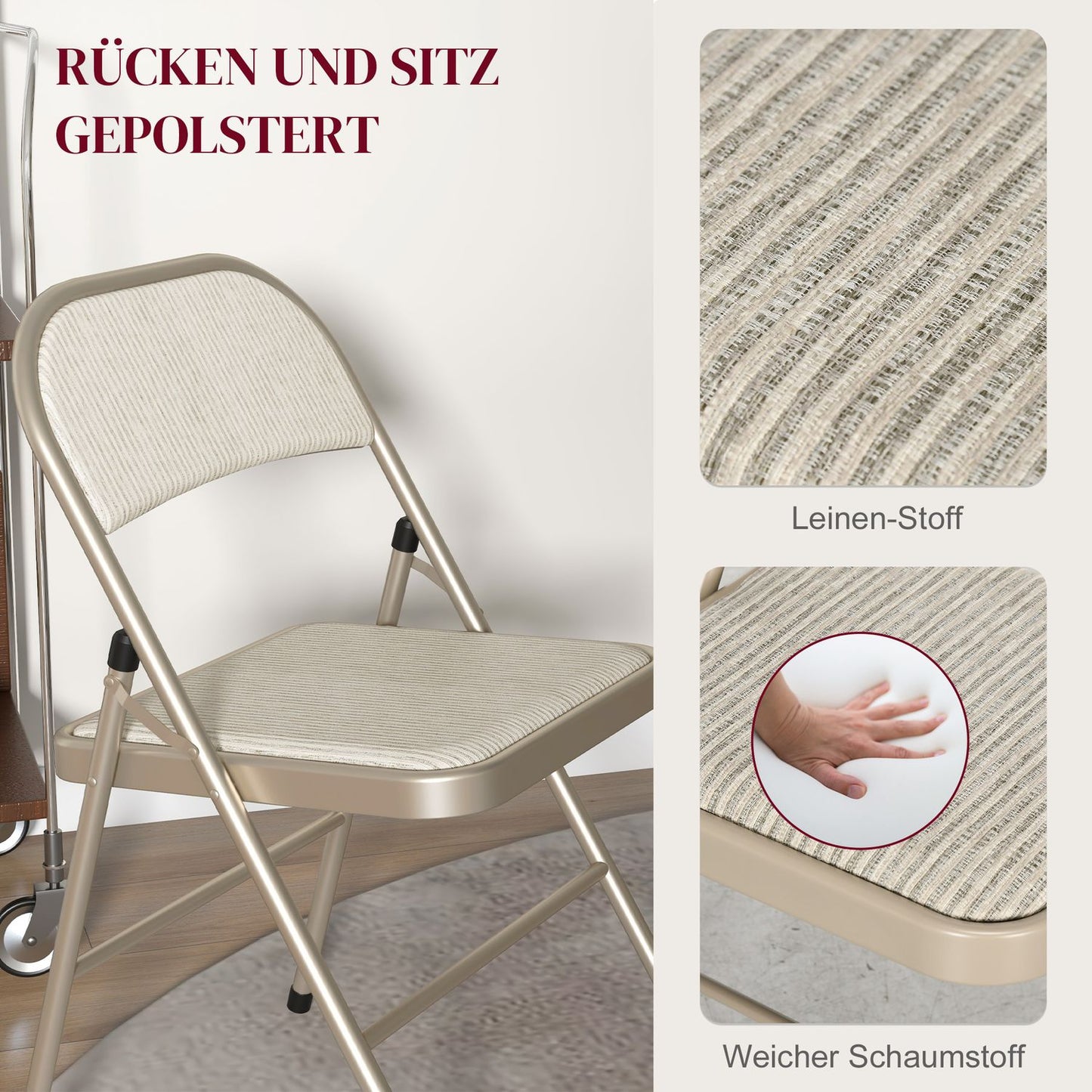 Foldable Padded Chairs, Set of 4 – Steel Frame, Beige