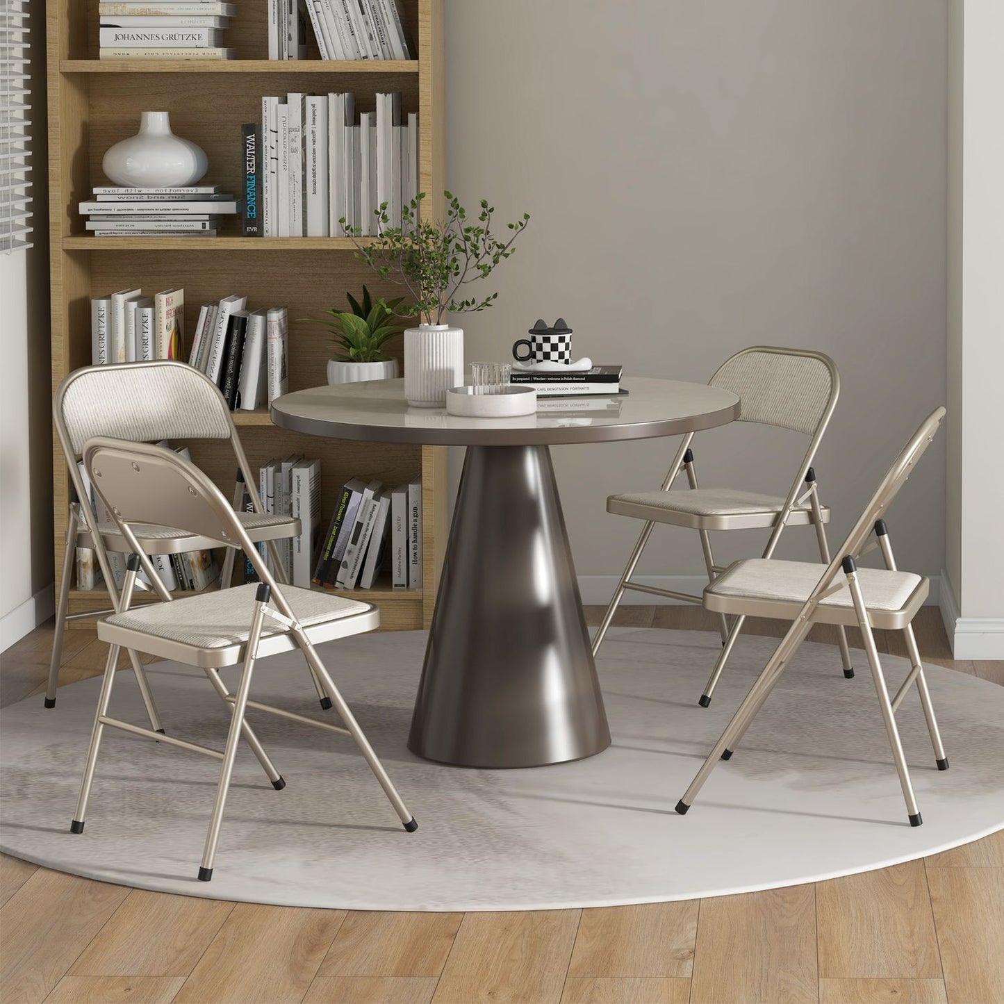 Foldable Padded Chairs, Set of 4 – Steel Frame, Beige