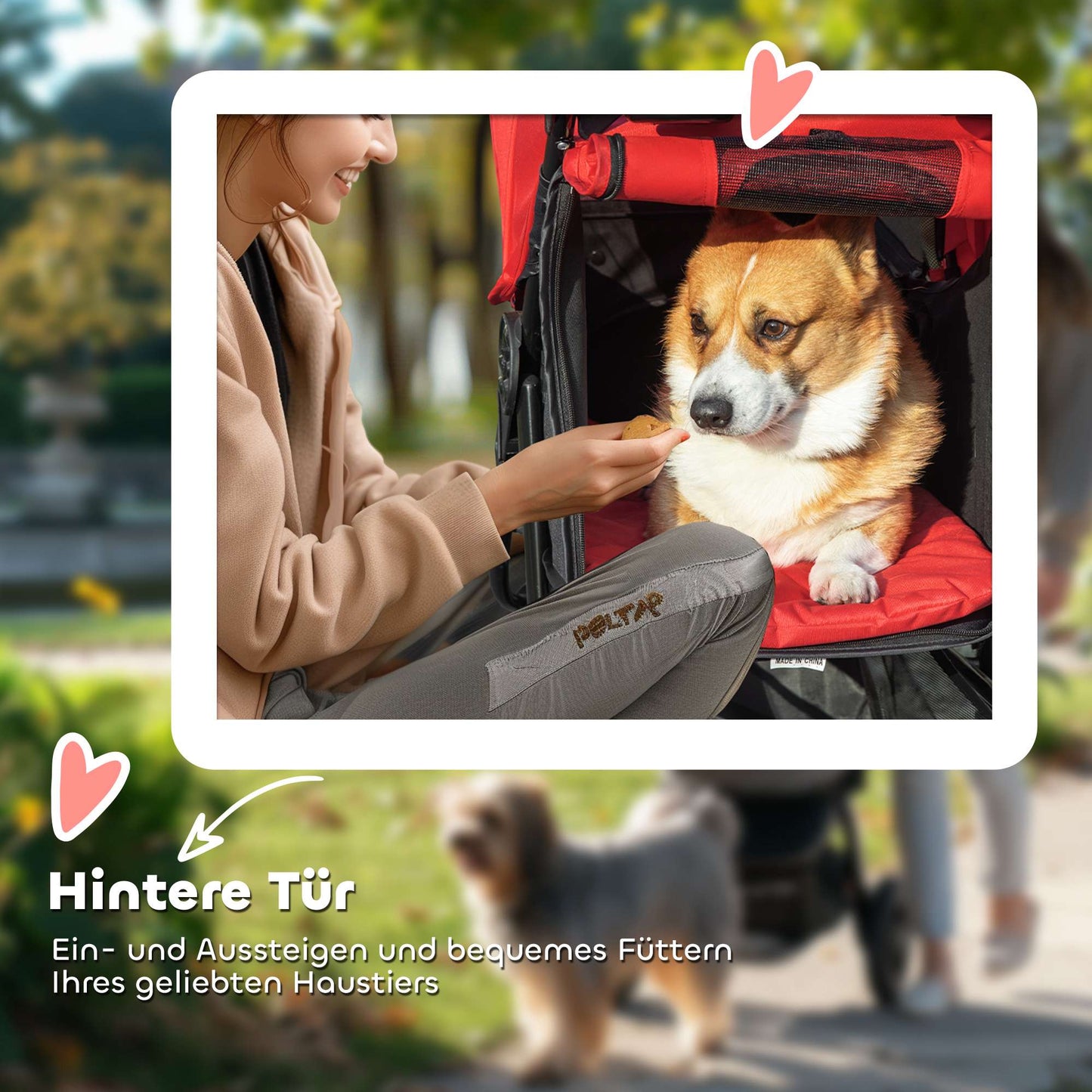 Foldable Pet Stroller, 3 Wheels, Mesh Windows, Red, 10kg Max