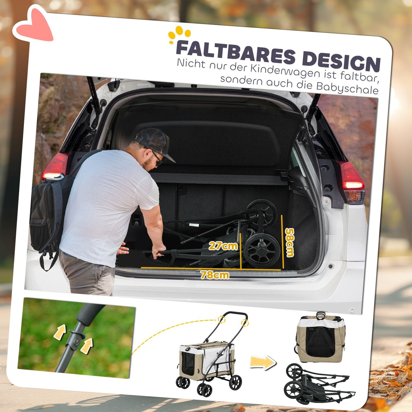 Collapsible Pet Stroller - Removable Bag, 4-Wheel Brakes