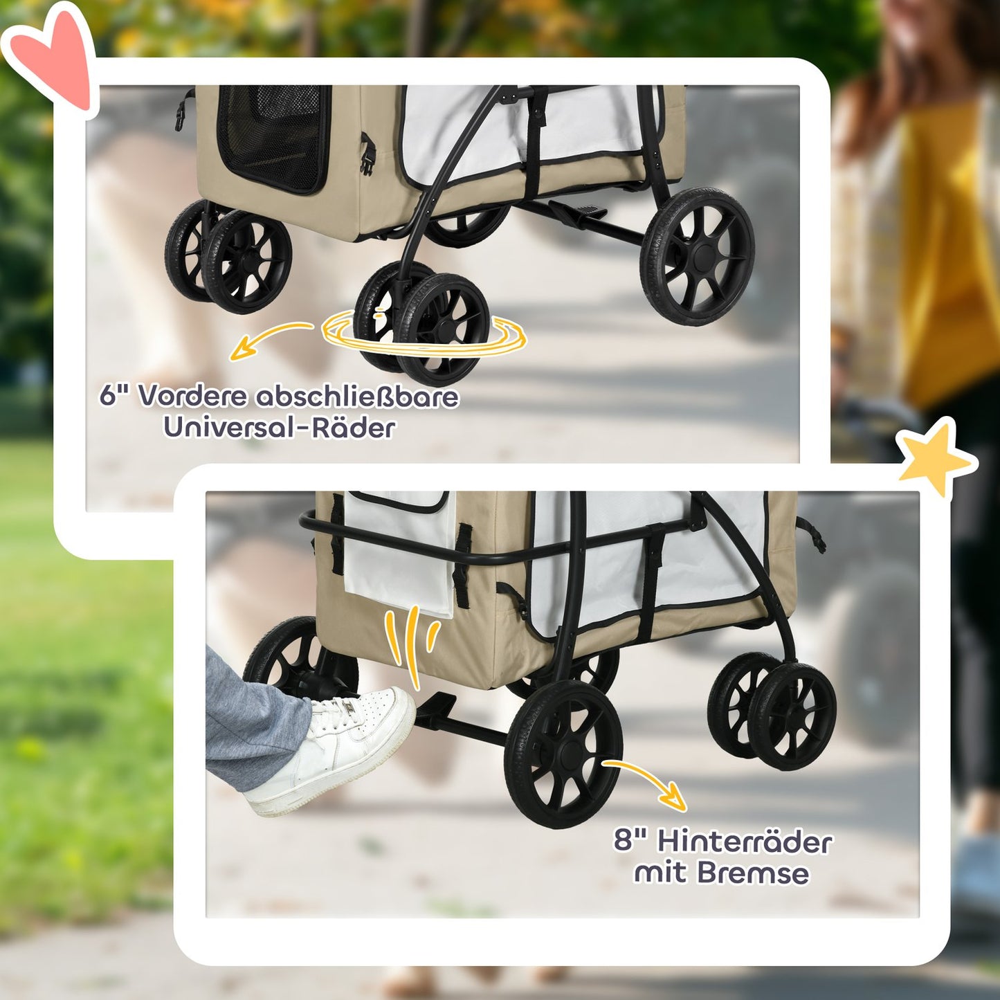 Collapsible Pet Stroller - Removable Bag, 4-Wheel Brakes