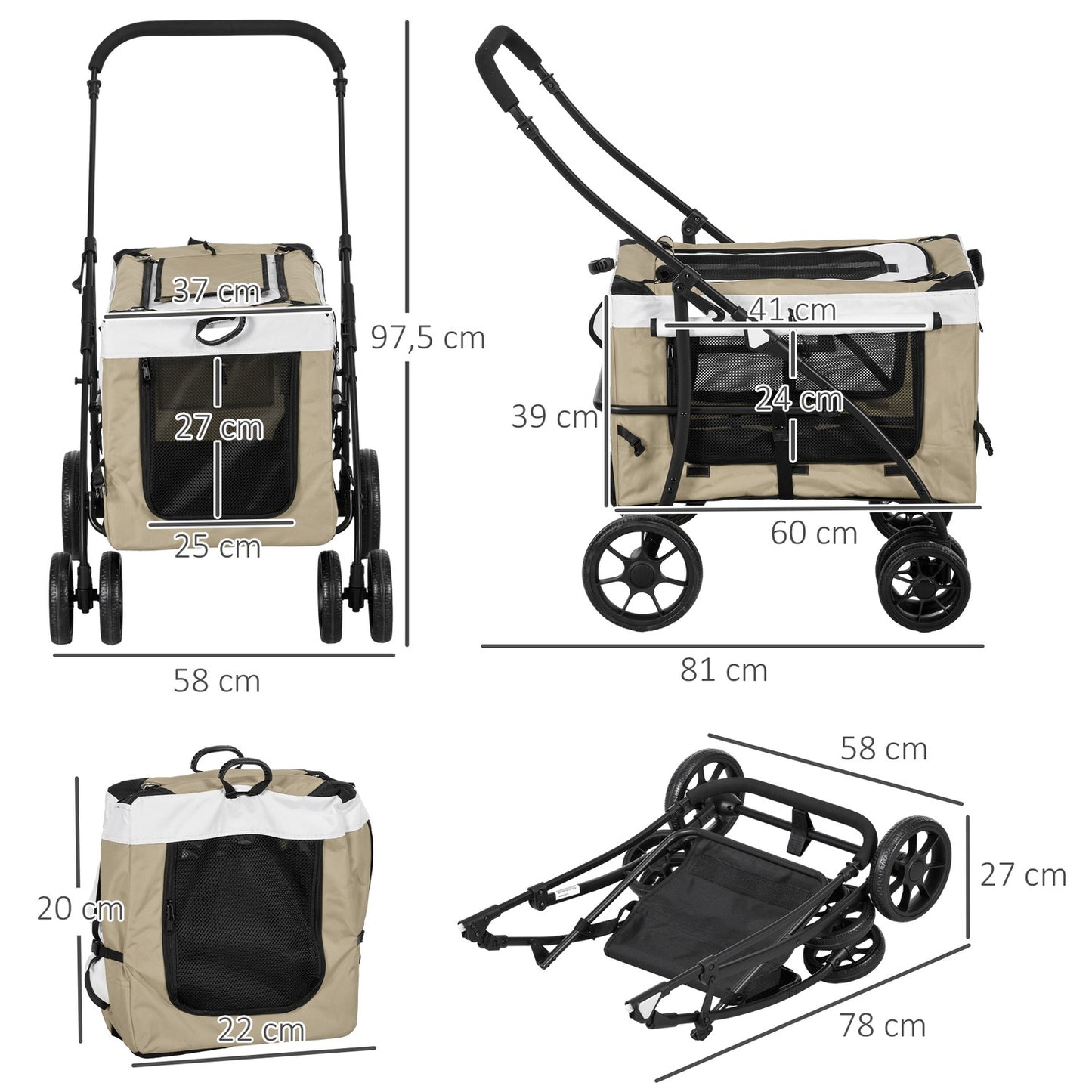 Collapsible Pet Stroller - Removable Bag, 4-Wheel Brakes