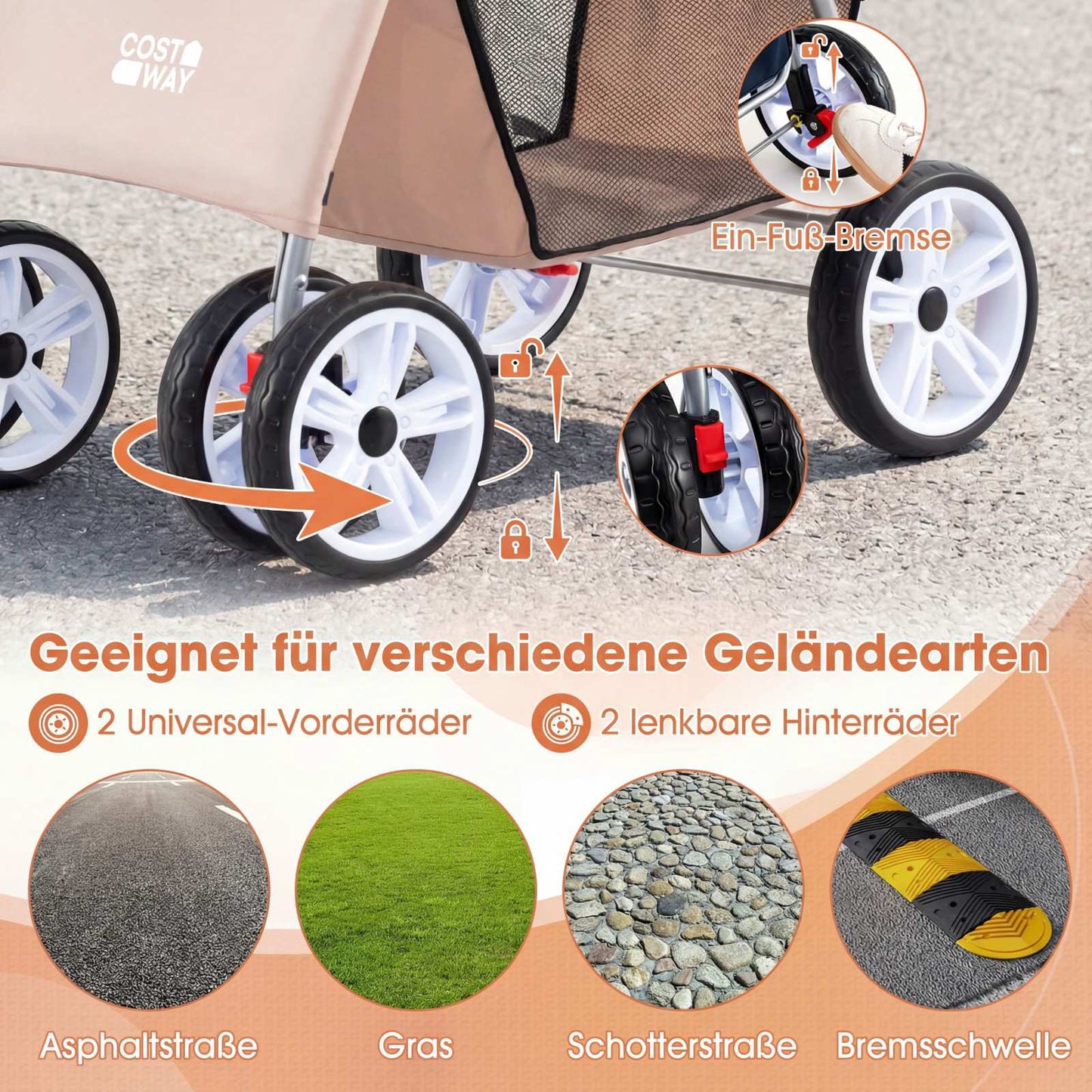 Foldable Pet Stroller with Mesh, All-Terrain Wheels, Beige
