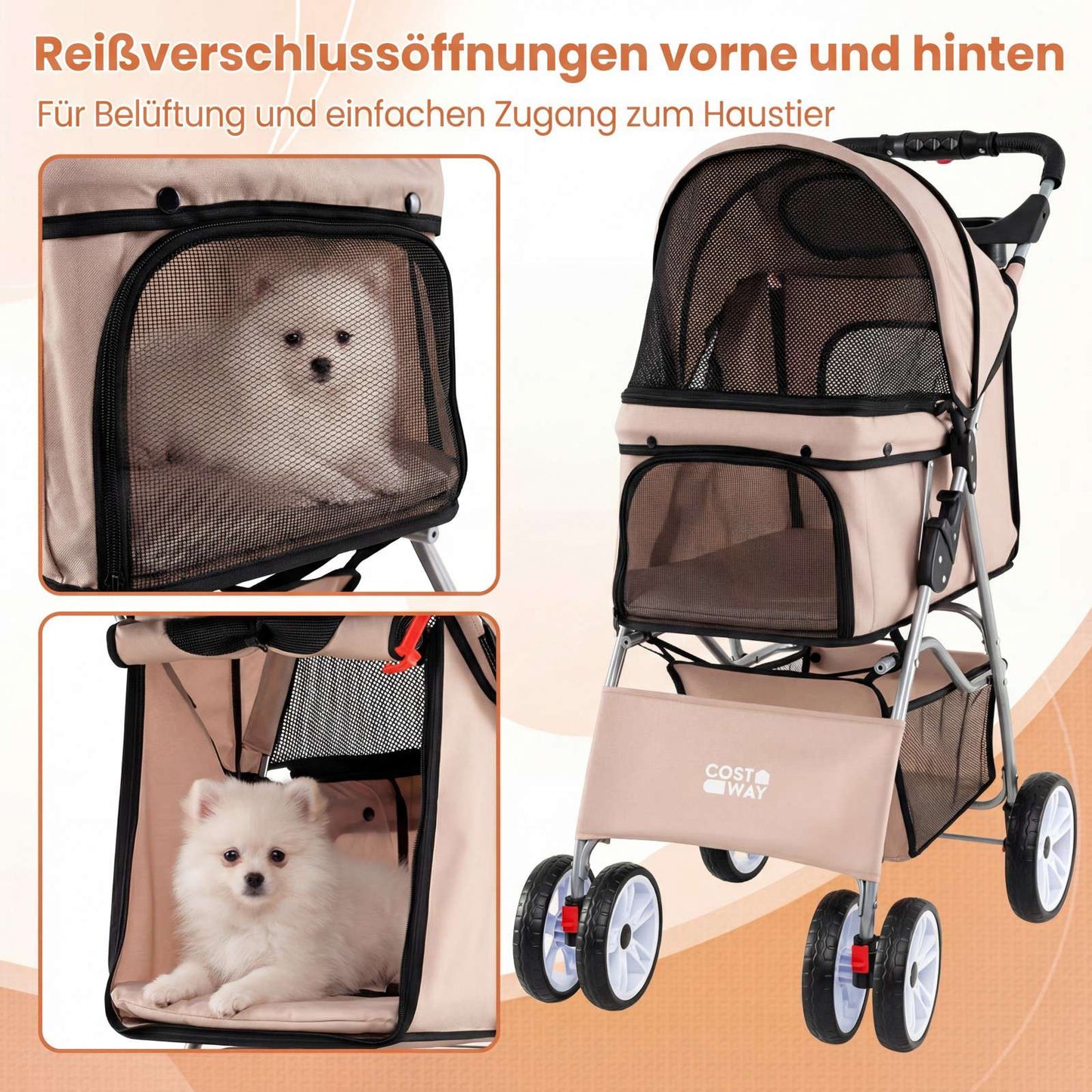 Foldable Pet Stroller with Mesh, All-Terrain Wheels, Beige
