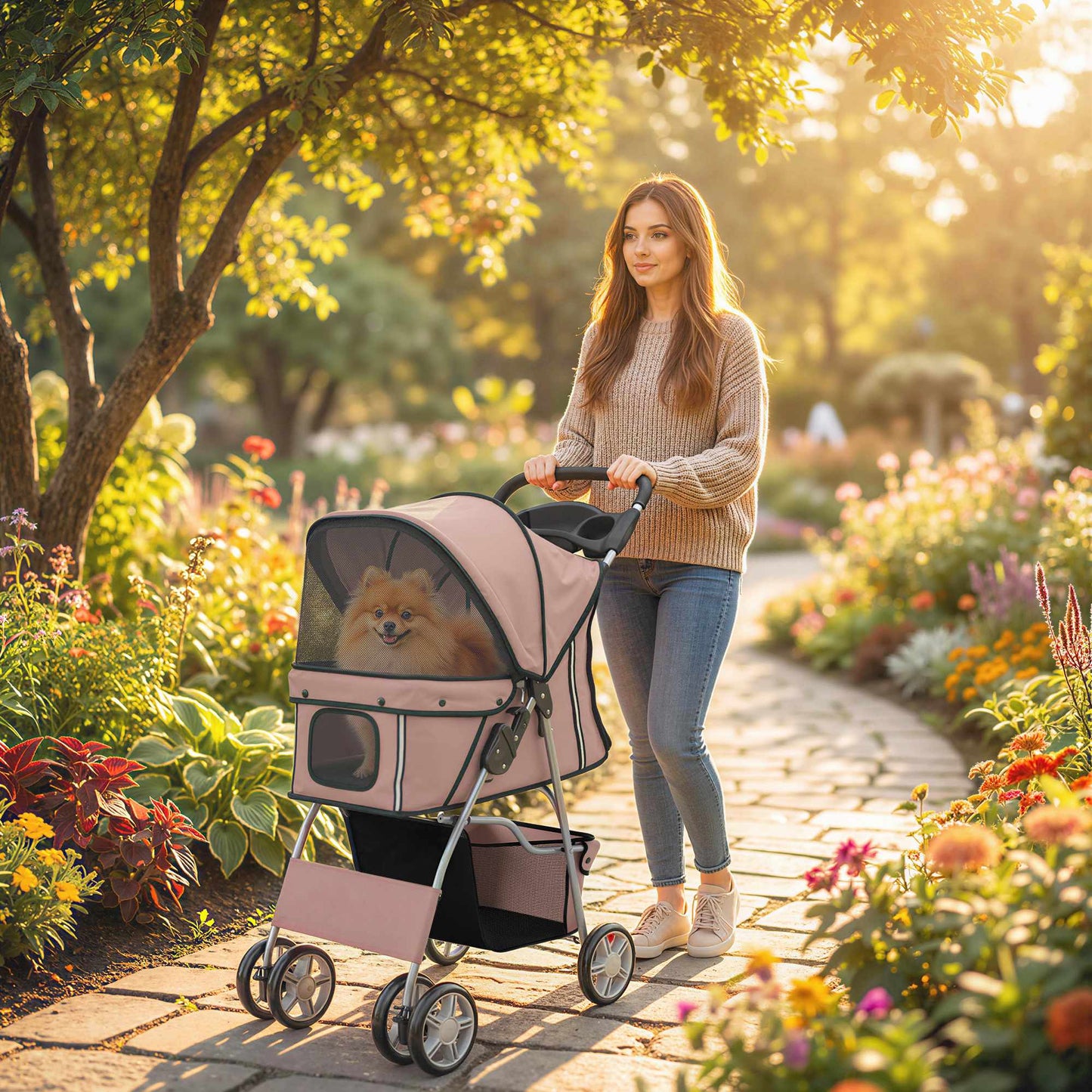 Foldable Pet Stroller with Reflective Strips, Coffee, 10kg Limit