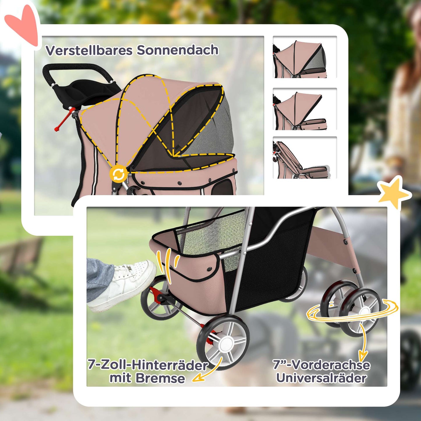 Foldable Pet Stroller with Reflective Strips, Coffee, 10kg Limit