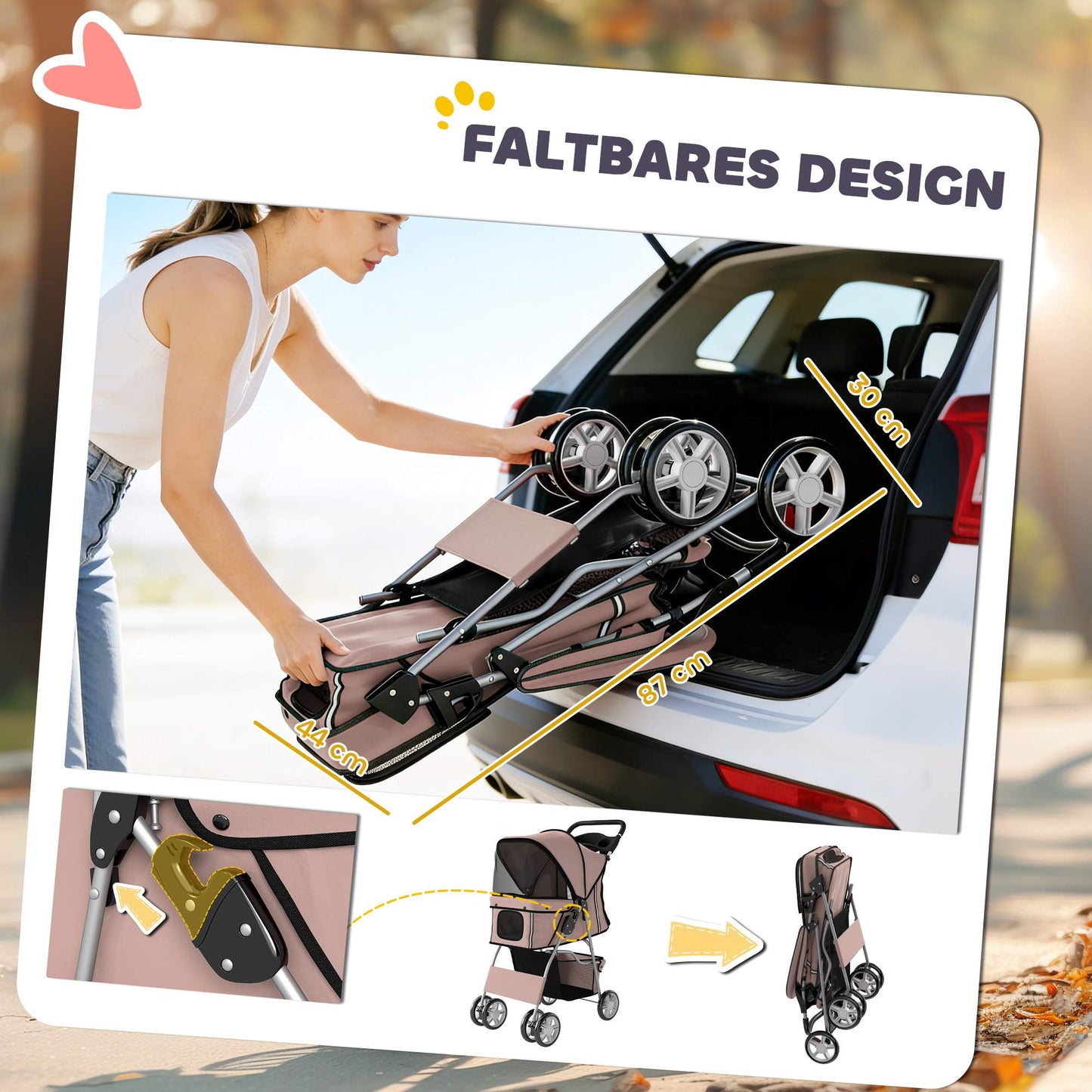 Foldable Pet Stroller with Reflective Strips, Coffee, 10kg Limit