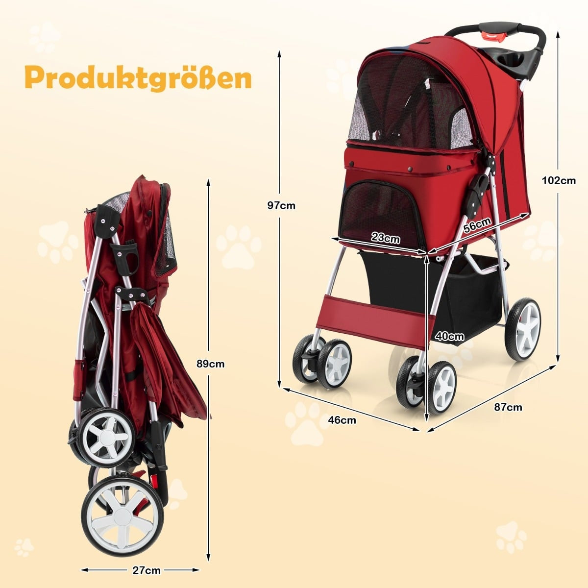 Foldable Pet Stroller with Storage, Mesh Windows, Red